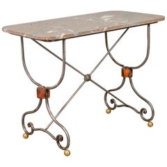 Antique 1900s French Steel Console Table with Marble Top and Petite Brass Ball Feet