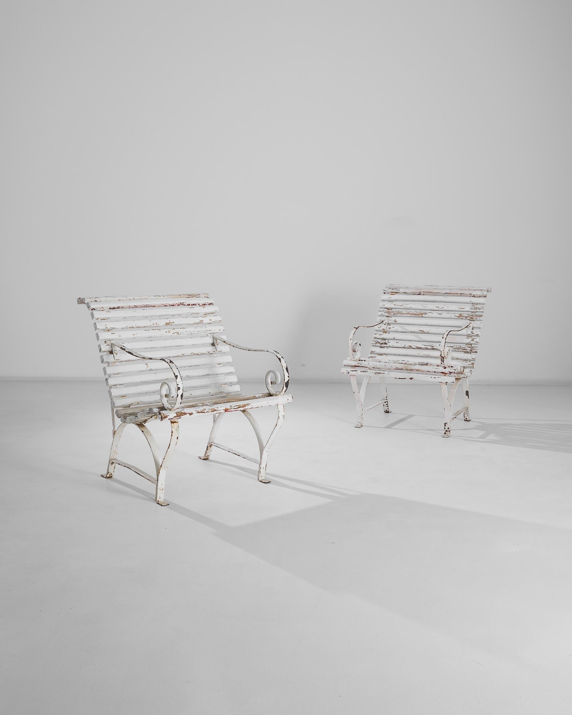Metal 1900s French White Garden Benches, a Pair
