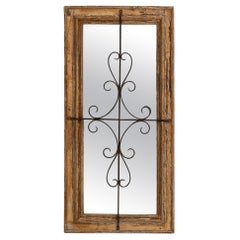 1900s French Wood Patinated Mirror With Wrought Iron Details
