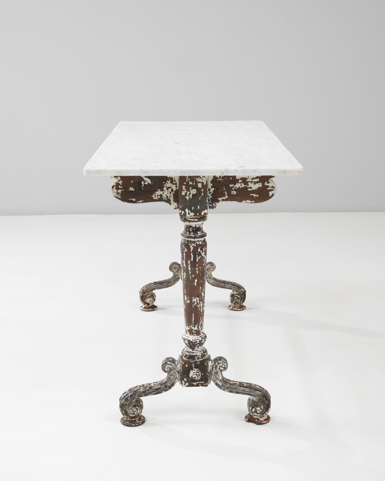1900s French Wood Patinated Table With Marble Top on Iron Base For Sale 7