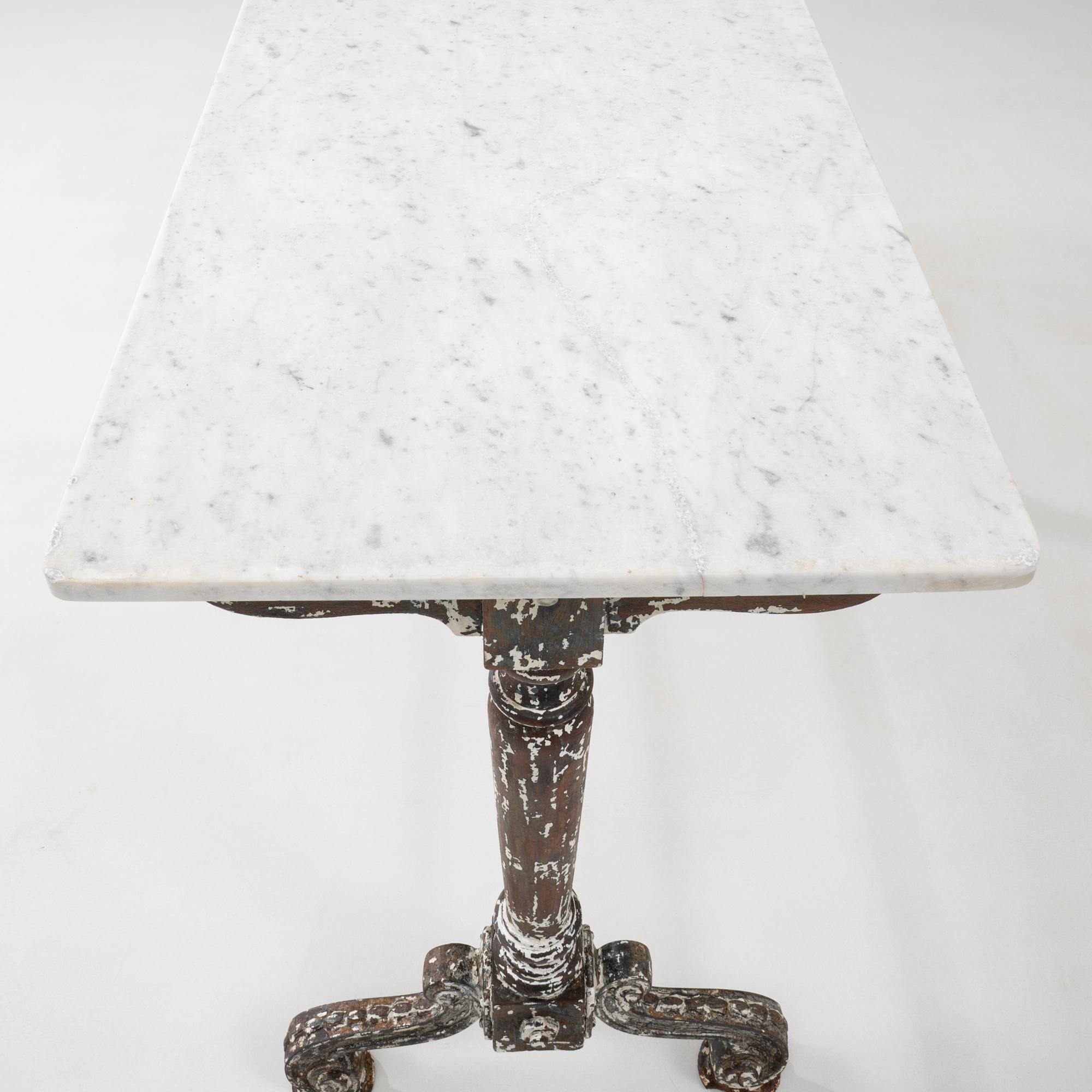 1900s French Wood Patinated Table With Marble Top on Iron Base For Sale 8