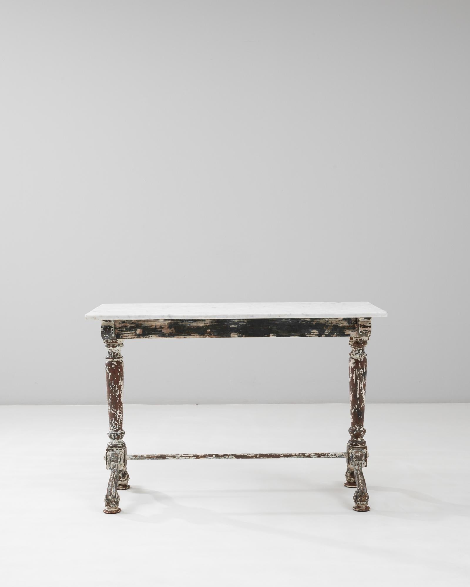 1900s French Wood Patinated Table With Marble Top on Iron Base In Good Condition For Sale In High Point, NC