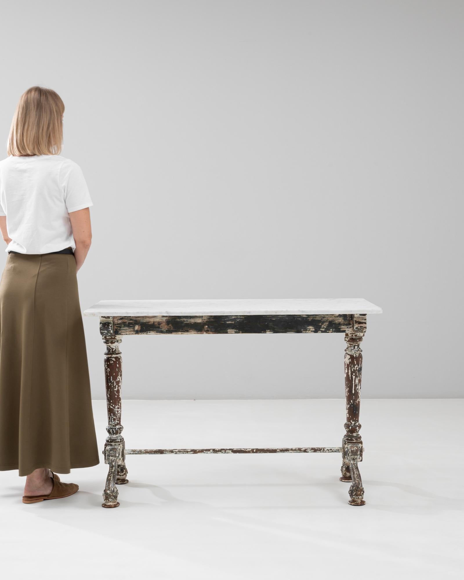 20th Century 1900s French Wood Patinated Table With Marble Top on Iron Base For Sale