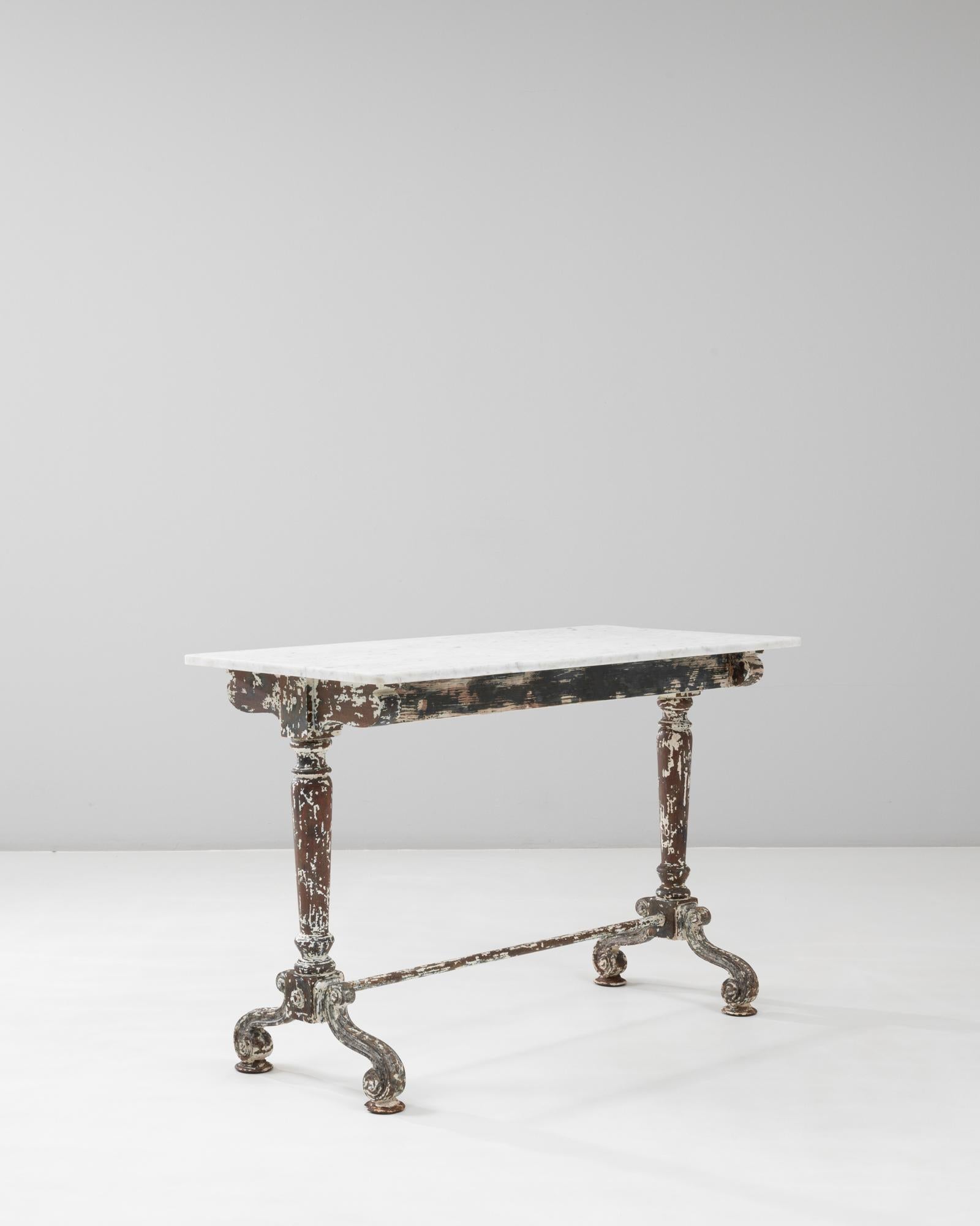 1900s French Wood Patinated Table With Marble Top on Iron Base For Sale 1