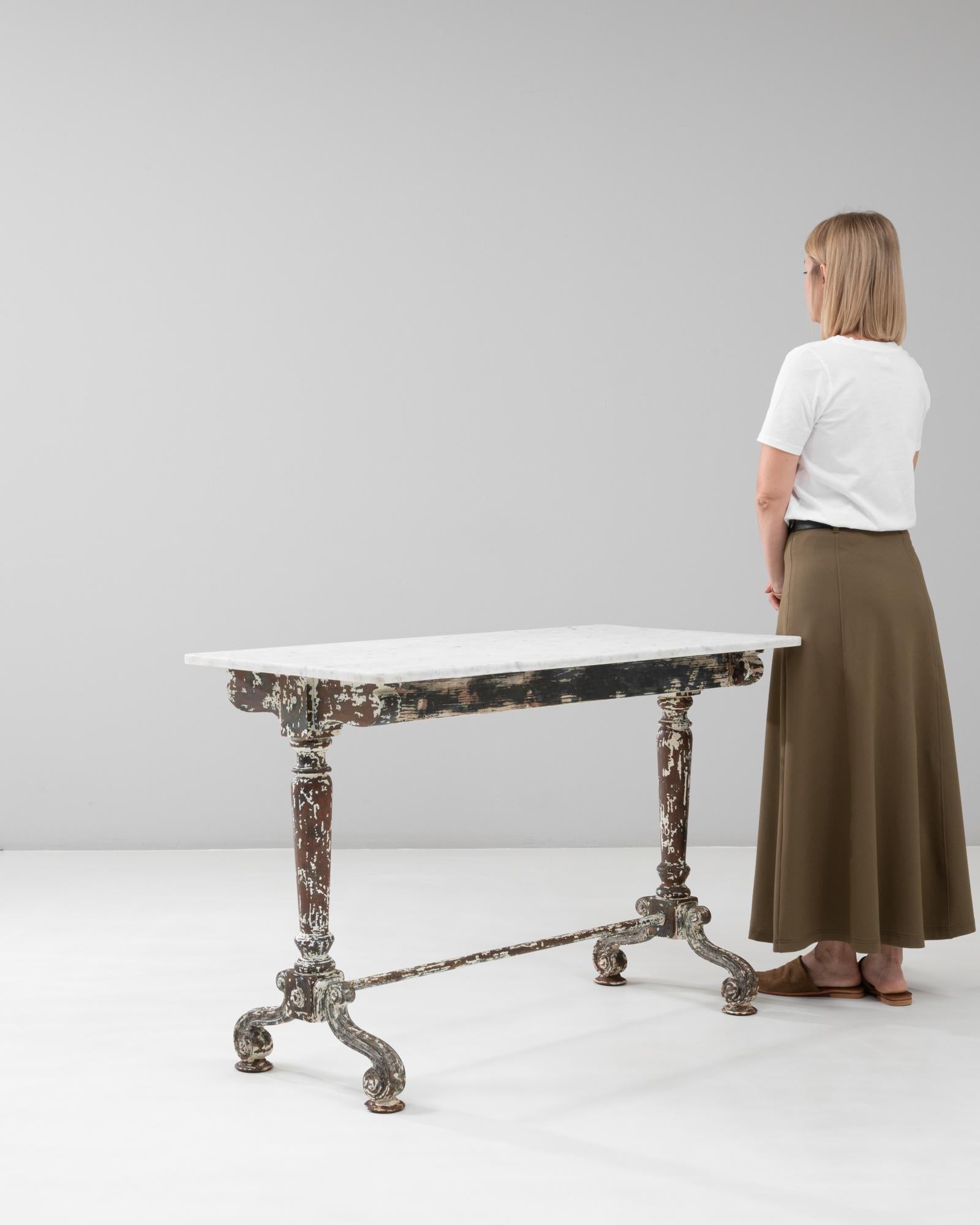 1900s French Wood Patinated Table With Marble Top on Iron Base For Sale 2
