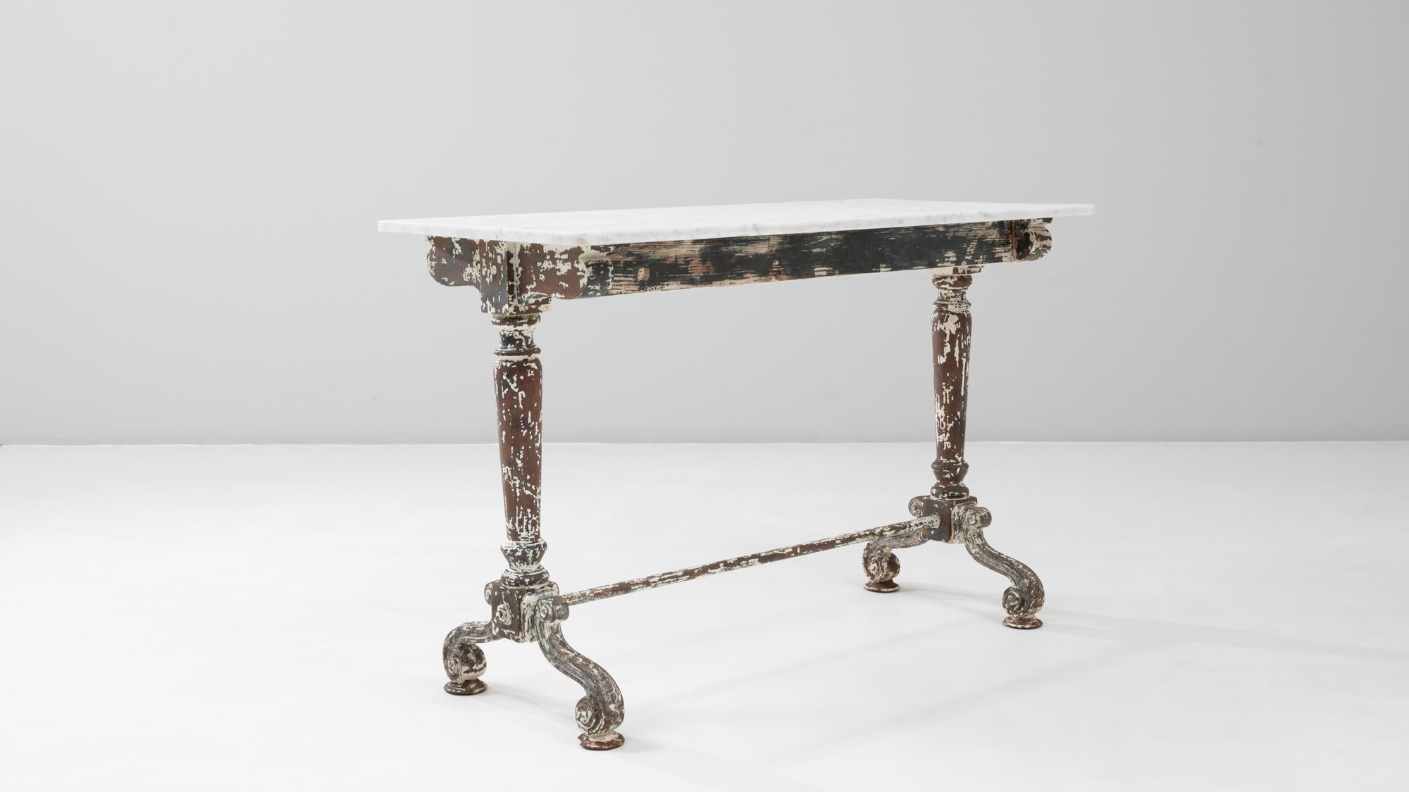 1900s French Wood Patinated Table With Marble Top on Iron Base For Sale 3