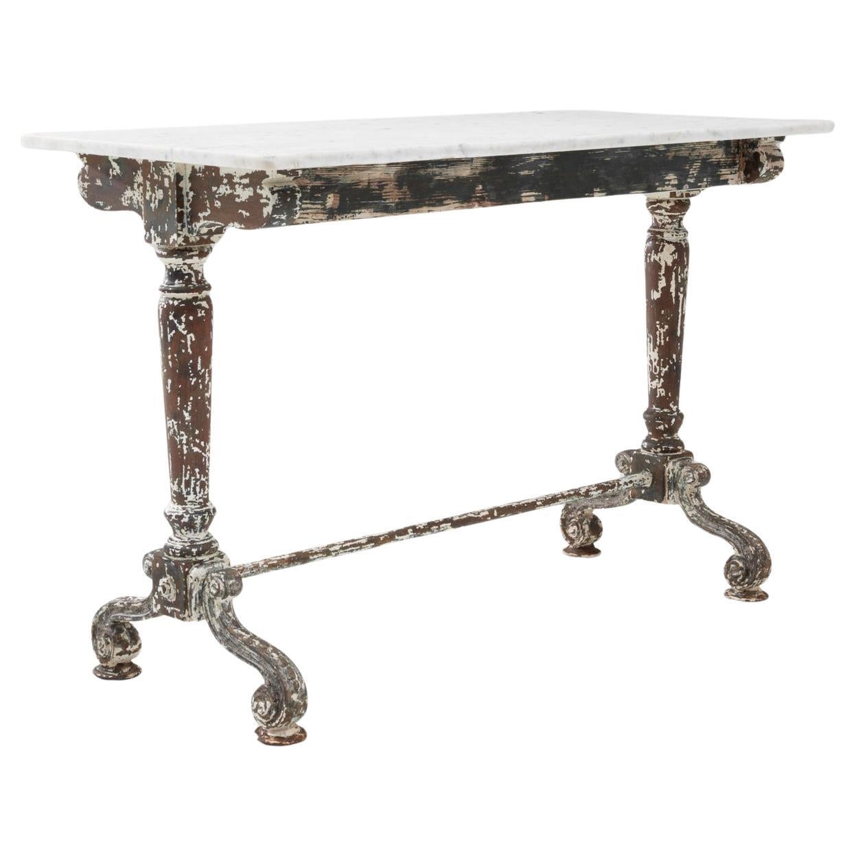 1900s French Wood Patinated Table With Marble Top on Iron Base For Sale