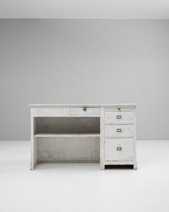 1900s French Wood White Patinated Shop Counter With Marble Top