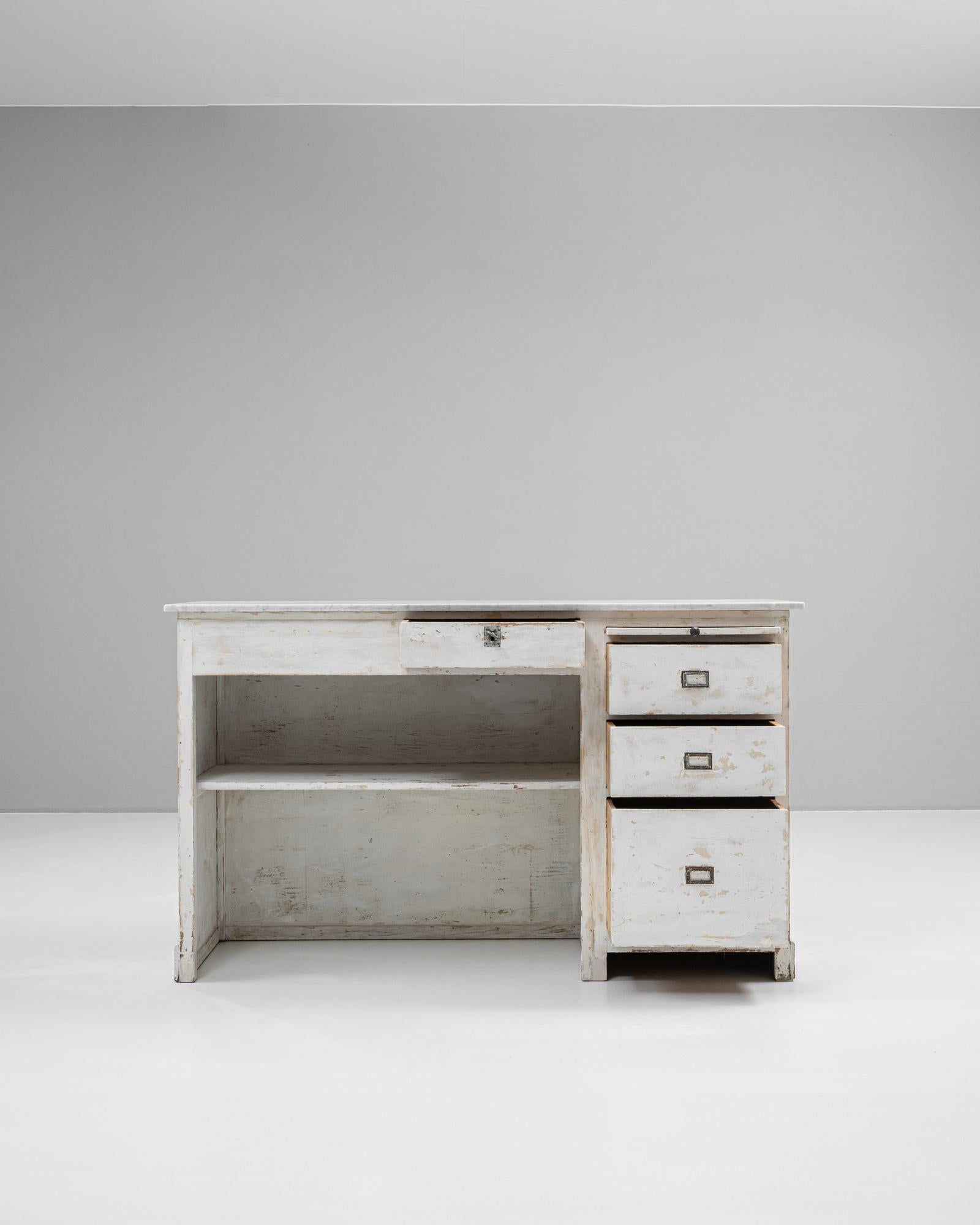 Francese 1900s French Wood White Patinated Shop Counter With Marble Top in vendita