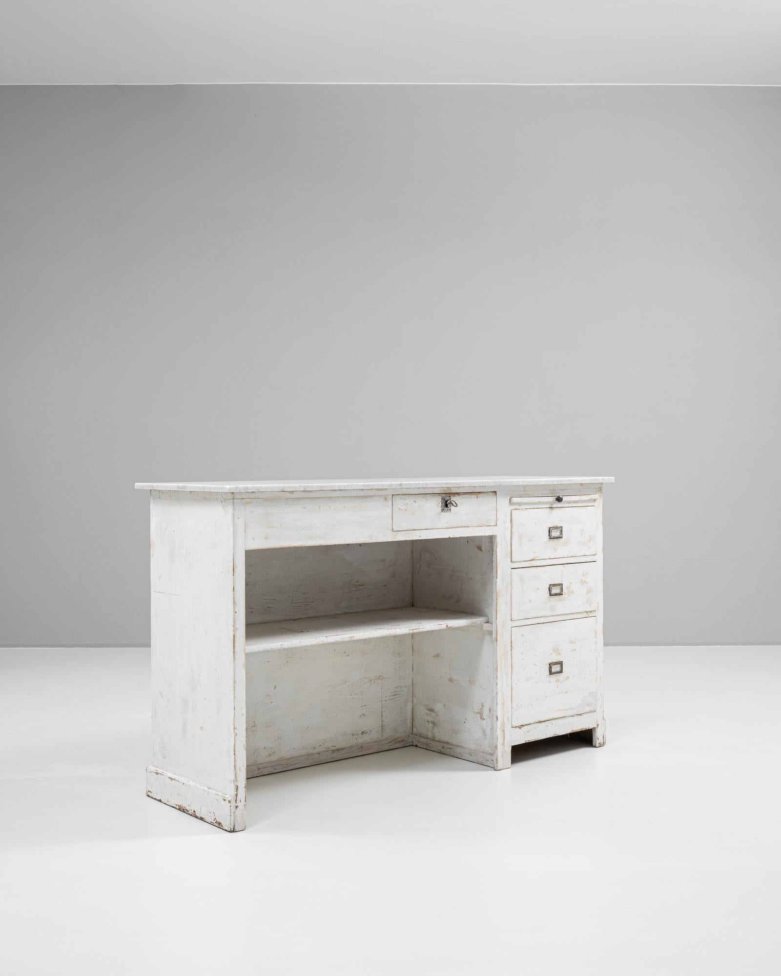 XX secolo 1900s French Wood White Patinated Shop Counter With Marble Top in vendita