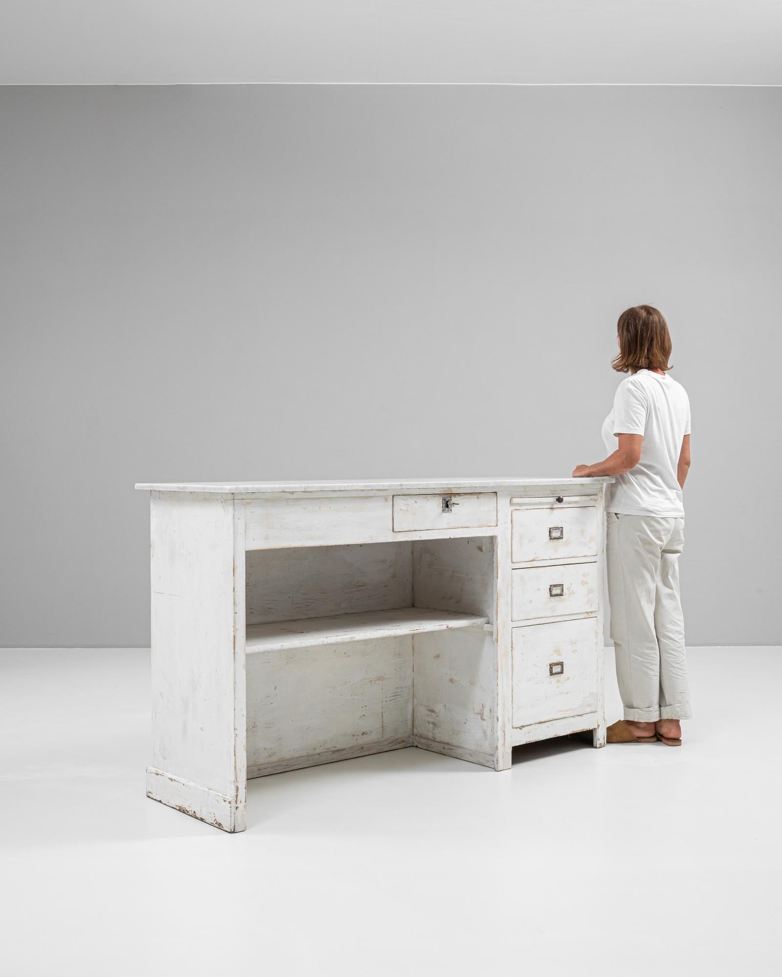 1900s French Wood White Patinated Shop Counter With Marble Top in vendita 1