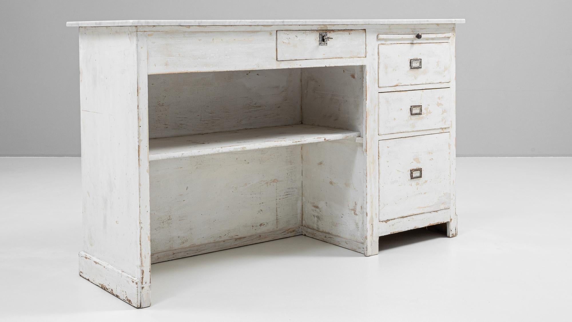 1900s French Wood White Patinated Shop Counter With Marble Top in vendita 3