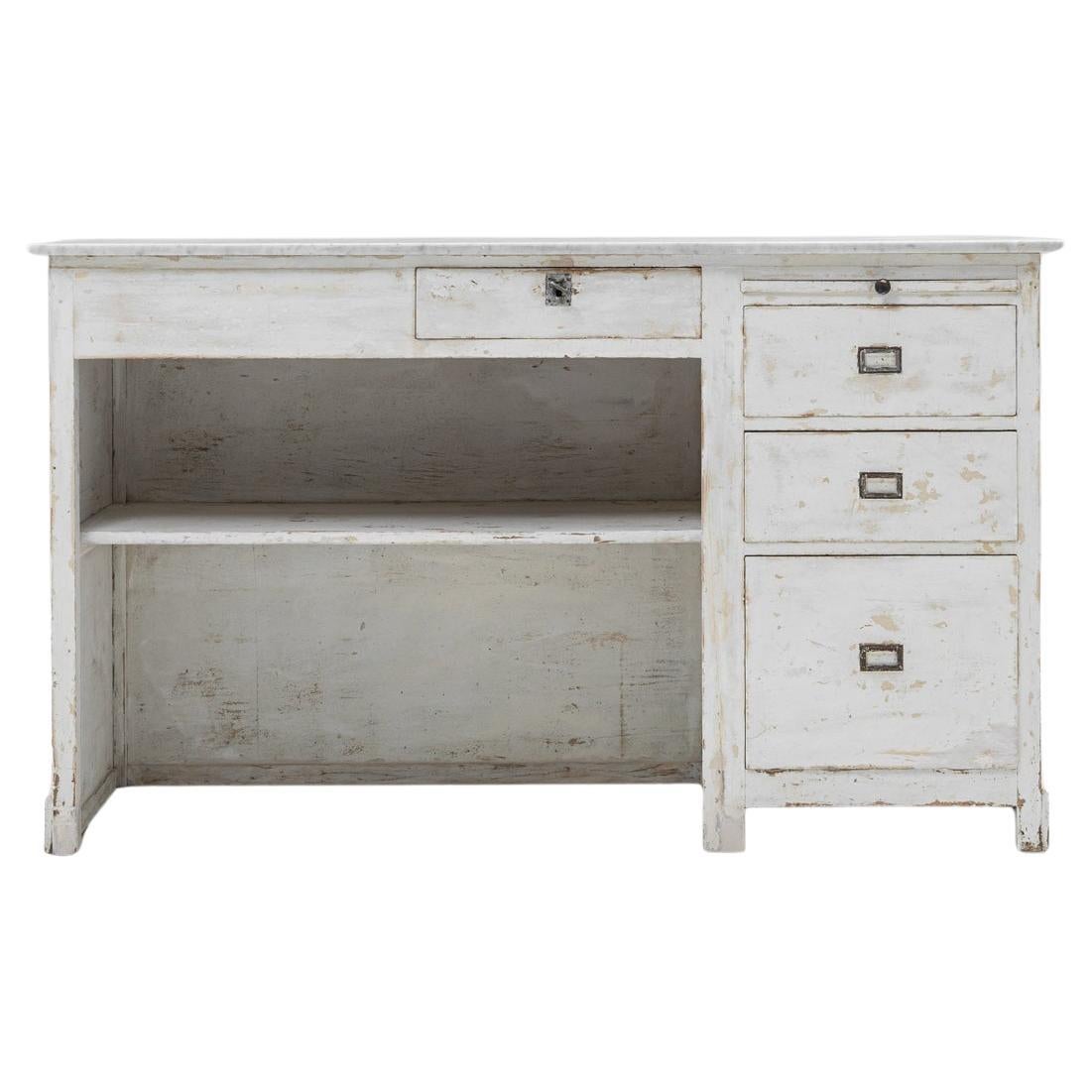 1900s French Wood White Patinated Shop Counter With Marble Top in vendita
