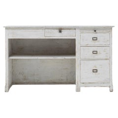 Antique 1900s French Wood White Patinated Shop Counter With Marble Top