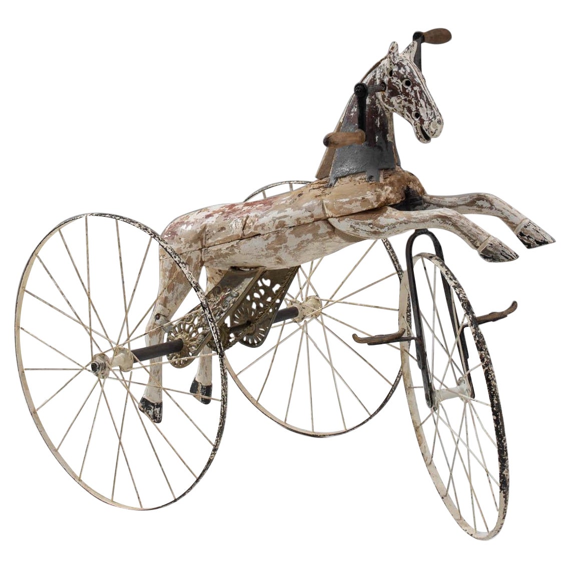 Tricycle à chevaux en bois et métal français des années 1900