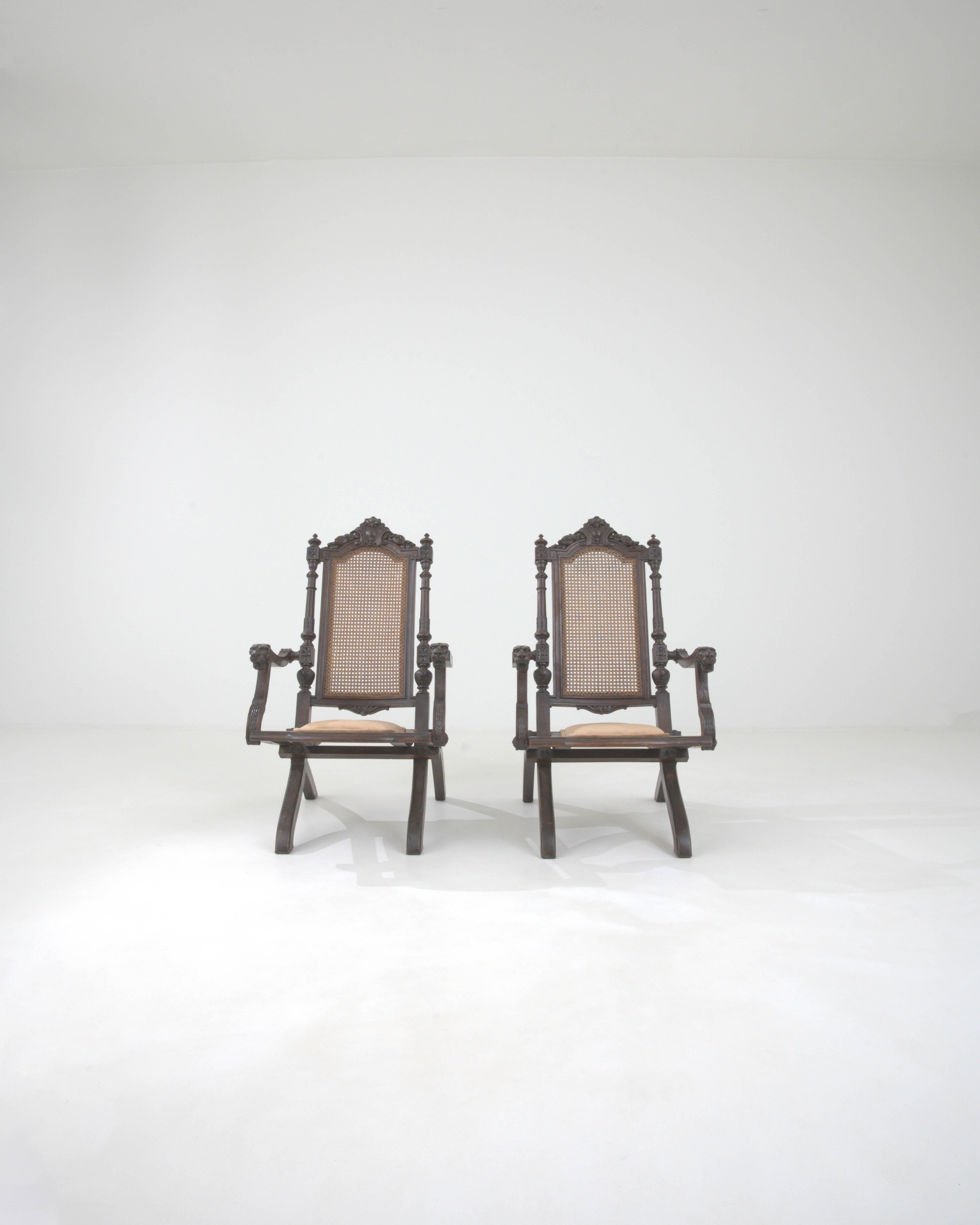 20th Century 1900s French Wooden Folding Armchairs with Upholstered Seats, a Pair For Sale