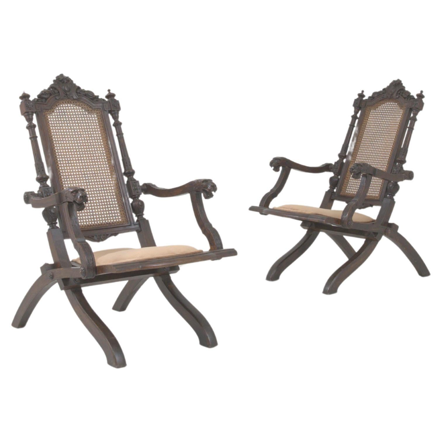 1900s French Wooden Folding Armchairs with Upholstered Seats, a Pair
