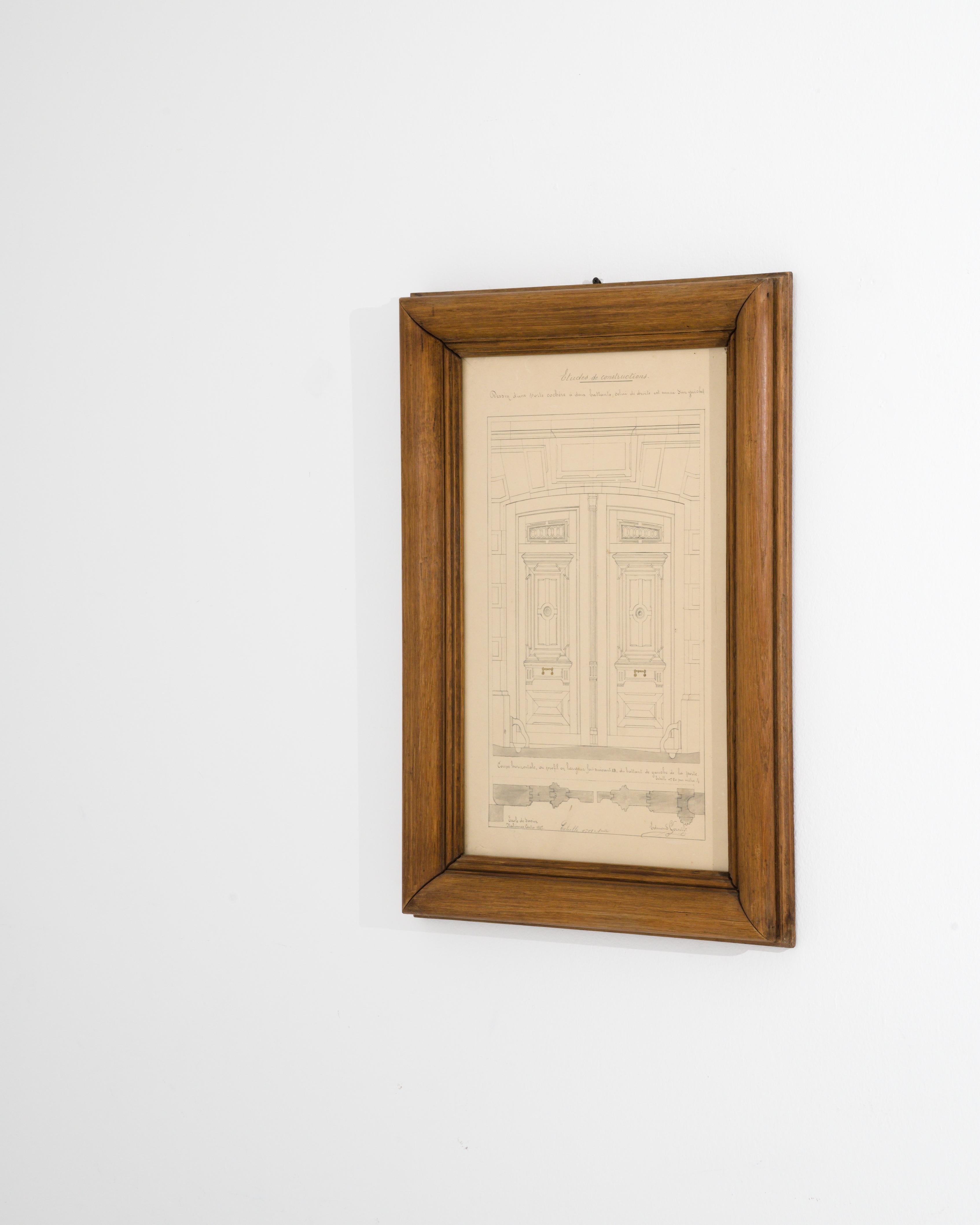 Early 20th Century 1900s French Wooden Framed Architectural Drawing