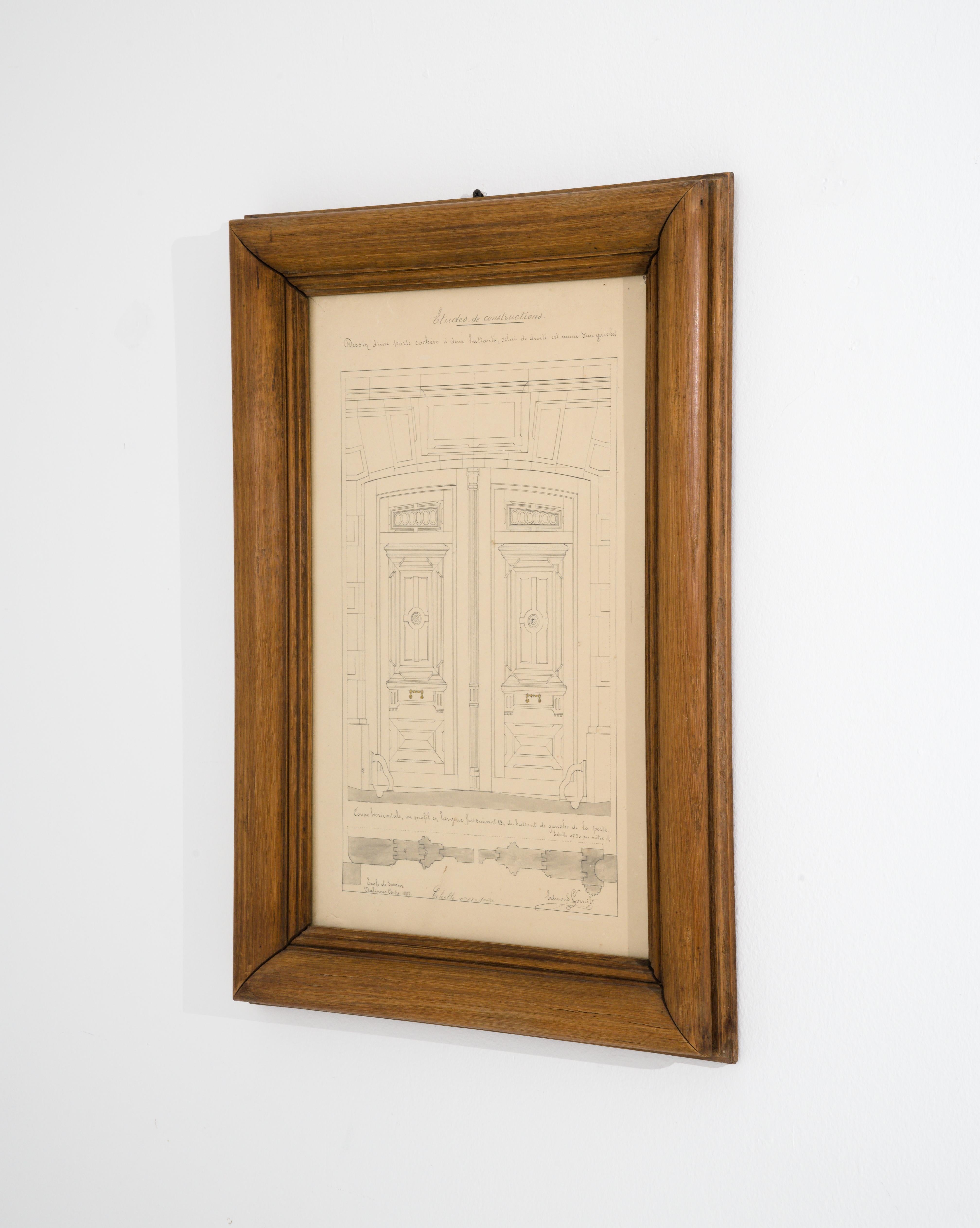 1900s French Wooden Framed Architectural Drawing 2