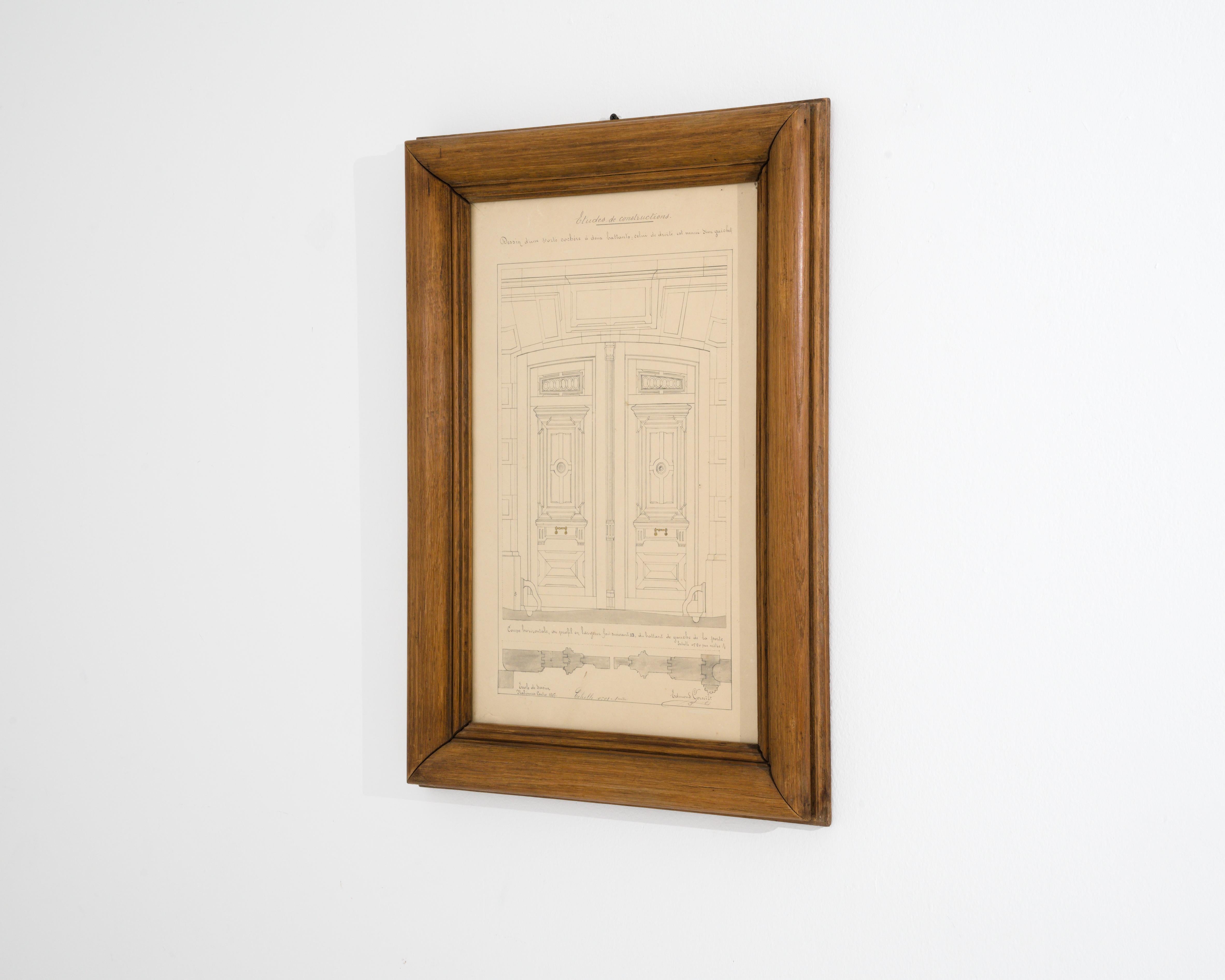 1900s French Wooden Framed Architectural Drawing 3
