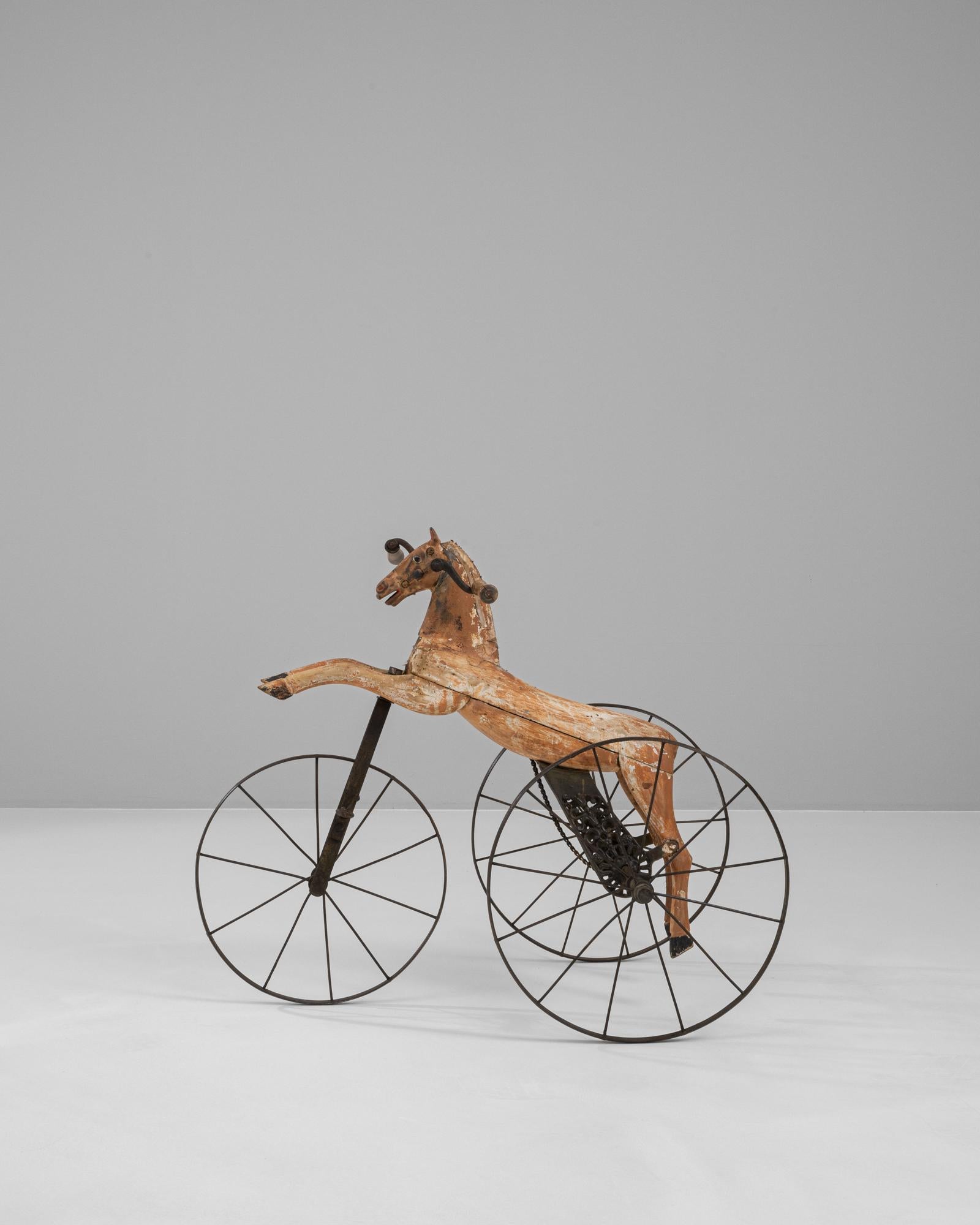 1900s French Wooden & Metal Horse Tricycle In Good Condition For Sale In High Point, NC