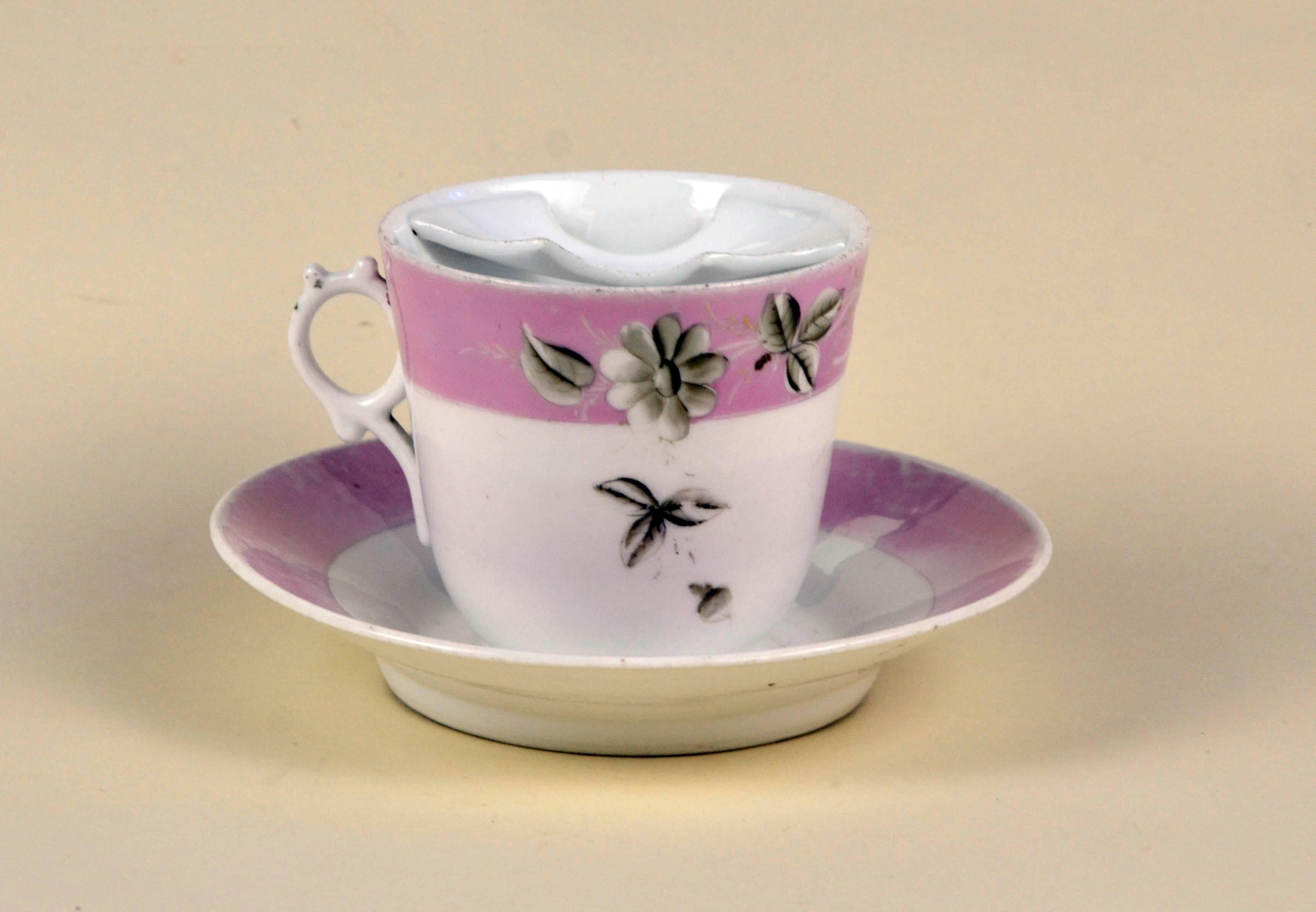 Edwardian 1900s German Porcelain Mustache Cup in White with a Antique Pink Lustre Band For Sale