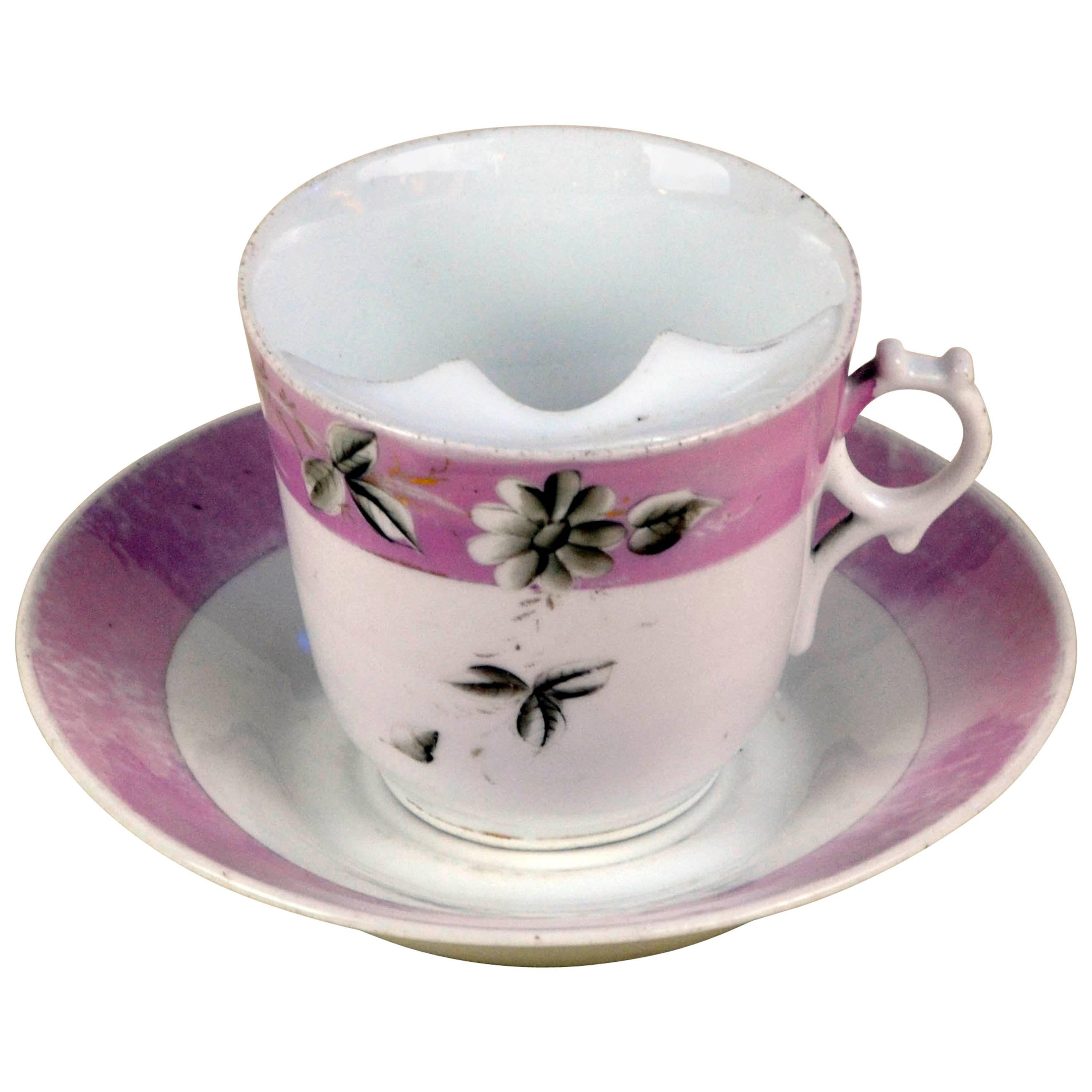 1900s German Porcelain Mustache Cup in White with a Antique Pink Lustre Band For Sale