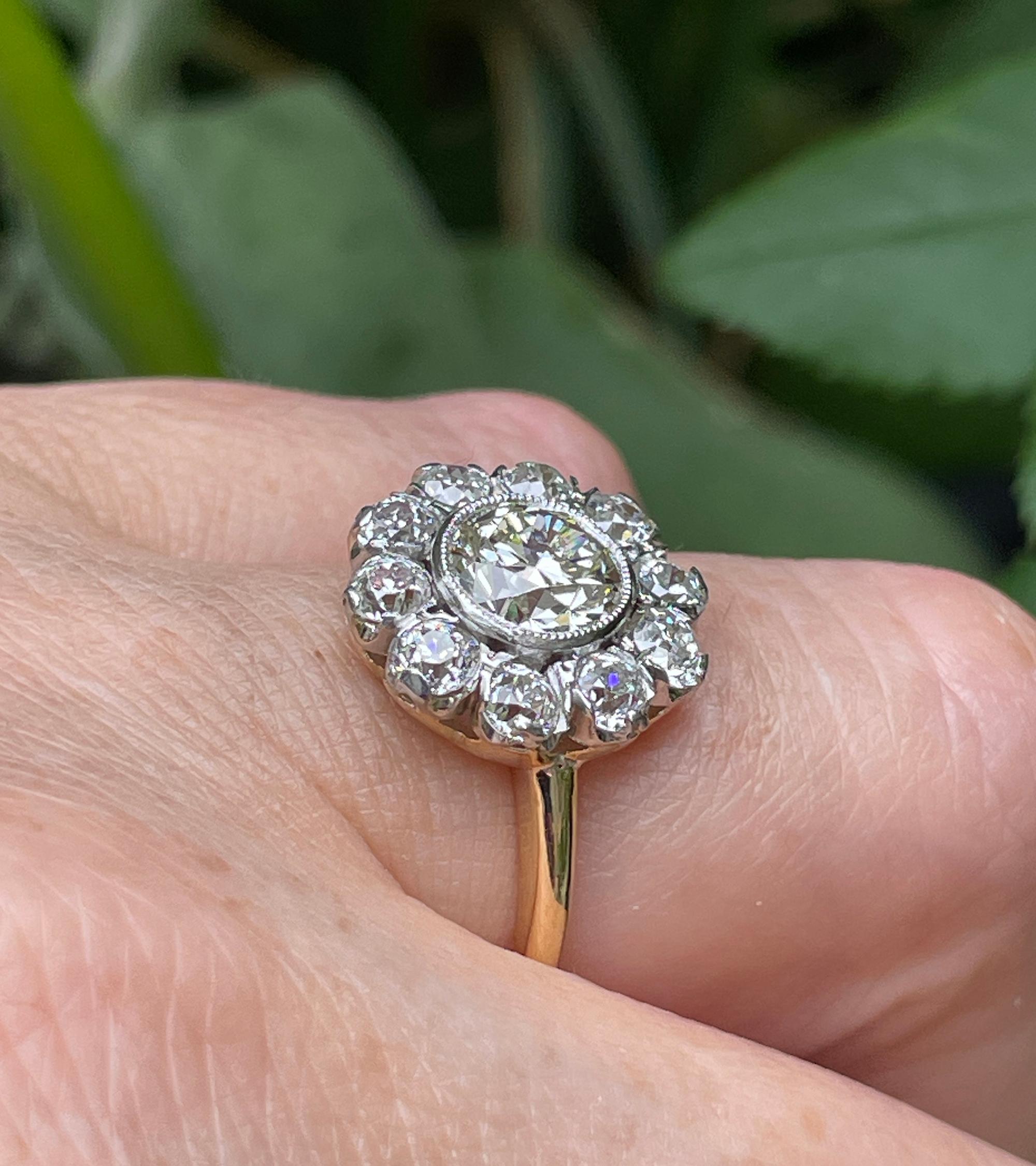 1900er Jahre GIA 2,58 ctw Antiker edwardianischer Diamant-Cluster 18kyg Pl Ring mit altem Eurodiamant 6