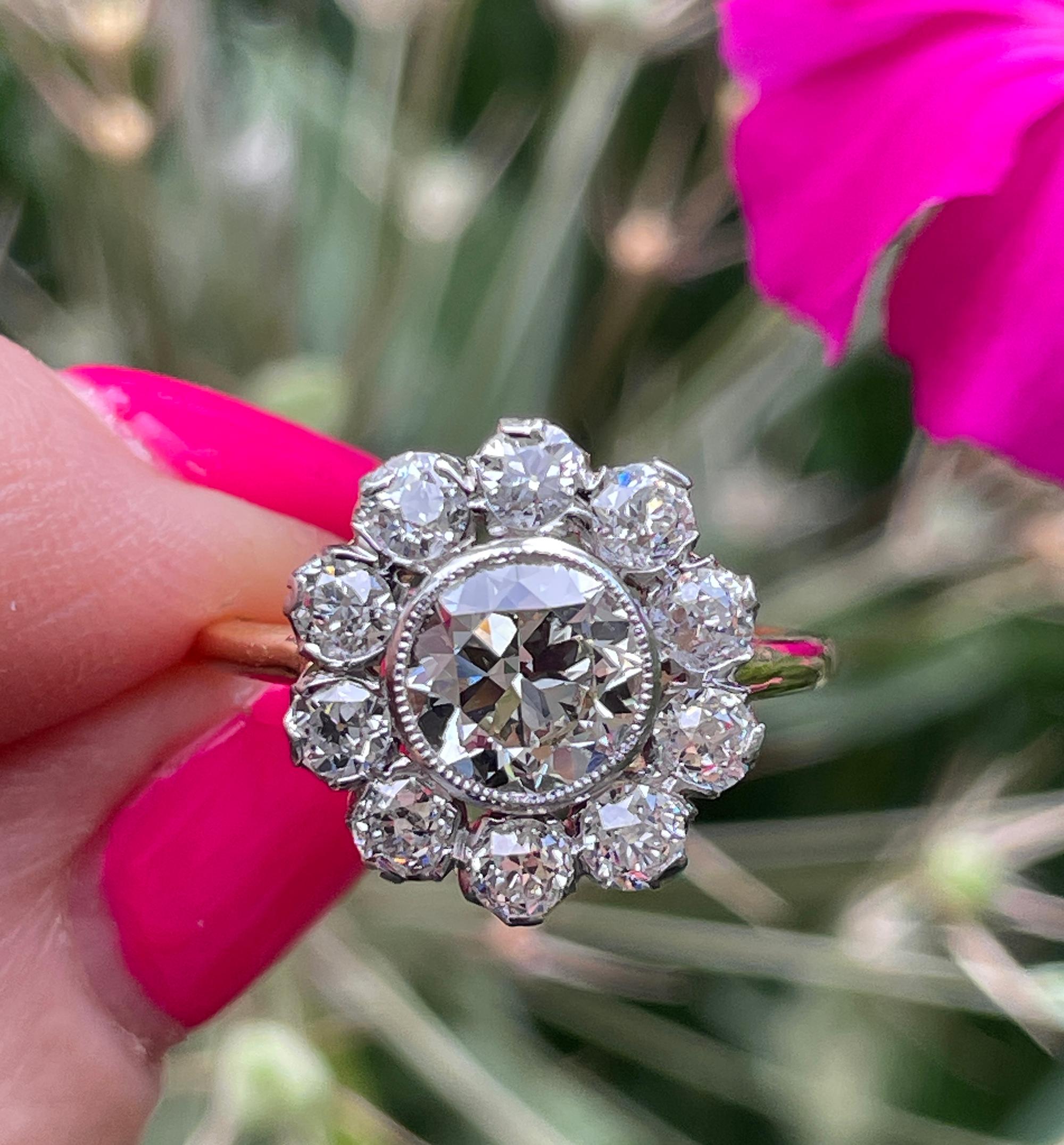 1900er Jahre GIA 2,58 ctw Antiker edwardianischer Diamant-Cluster 18kyg Pl Ring mit altem Eurodiamant 7