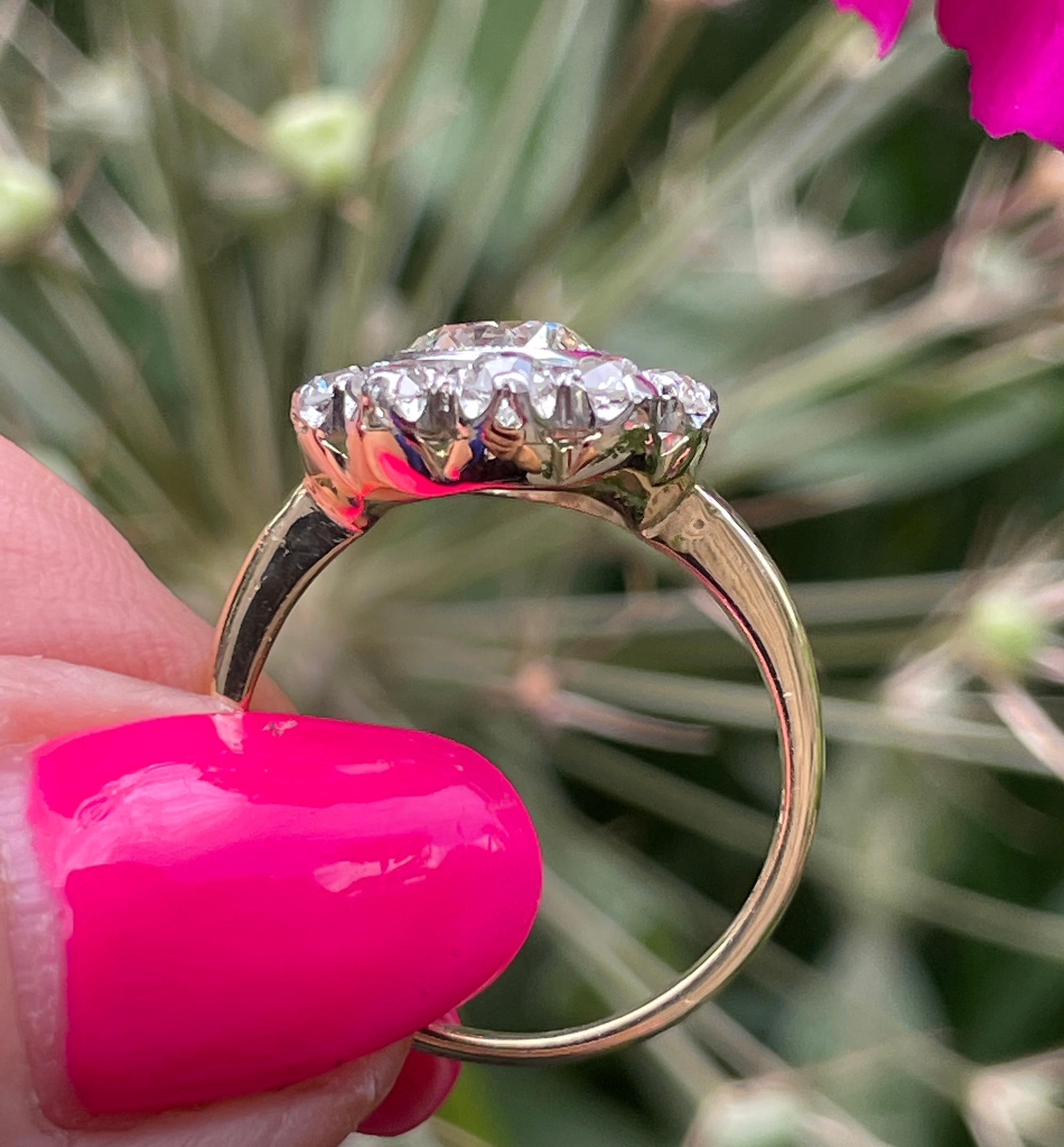 1900er Jahre GIA 2,58 ctw Antiker edwardianischer Diamant-Cluster 18kyg Pl Ring mit altem Eurodiamant 8