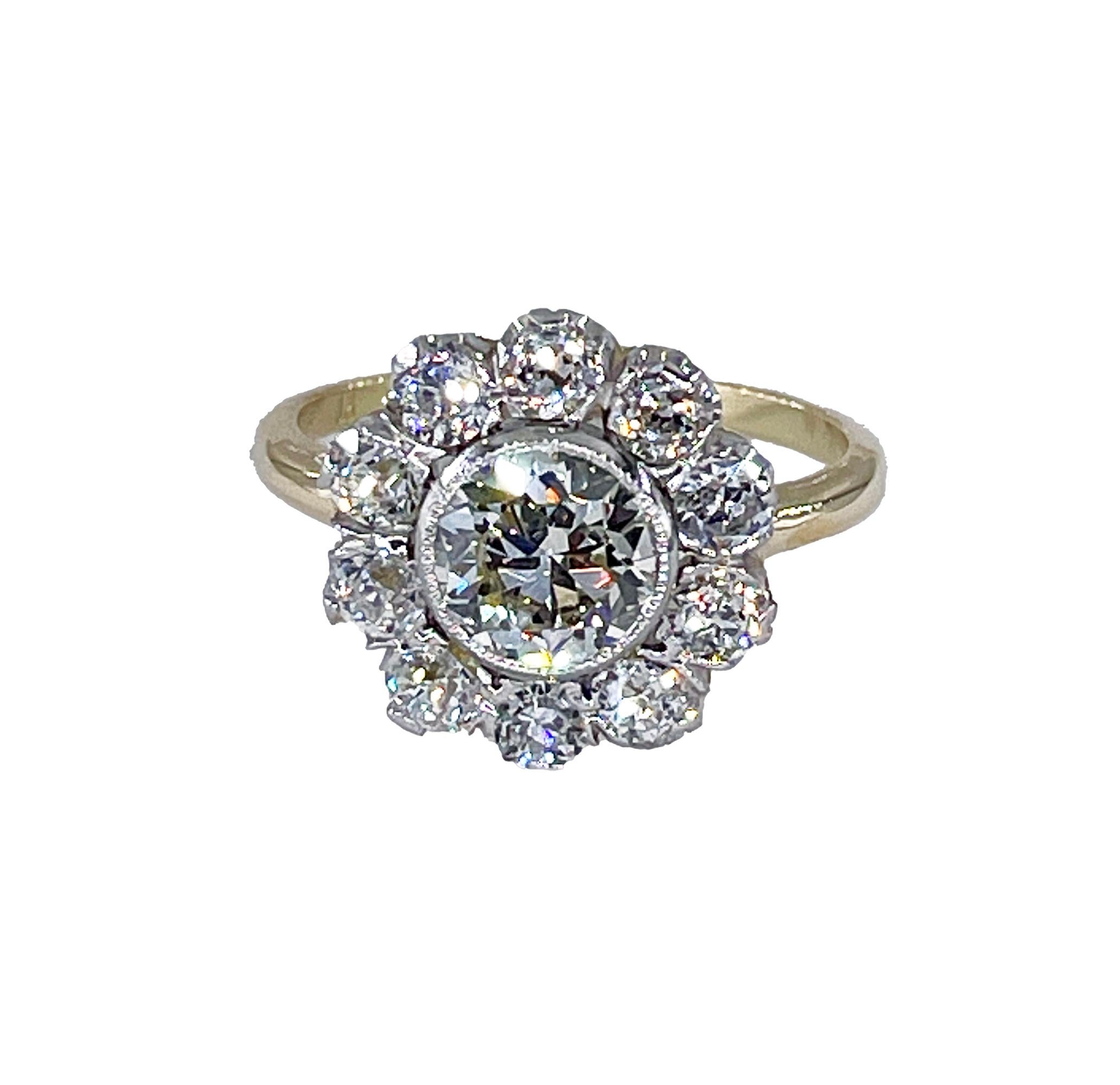 1900er Jahre GIA 2,58 ctw Antiker edwardianischer Diamant-Cluster 18kyg Pl Ring mit altem Eurodiamant (Alteuropäischer Schliff)