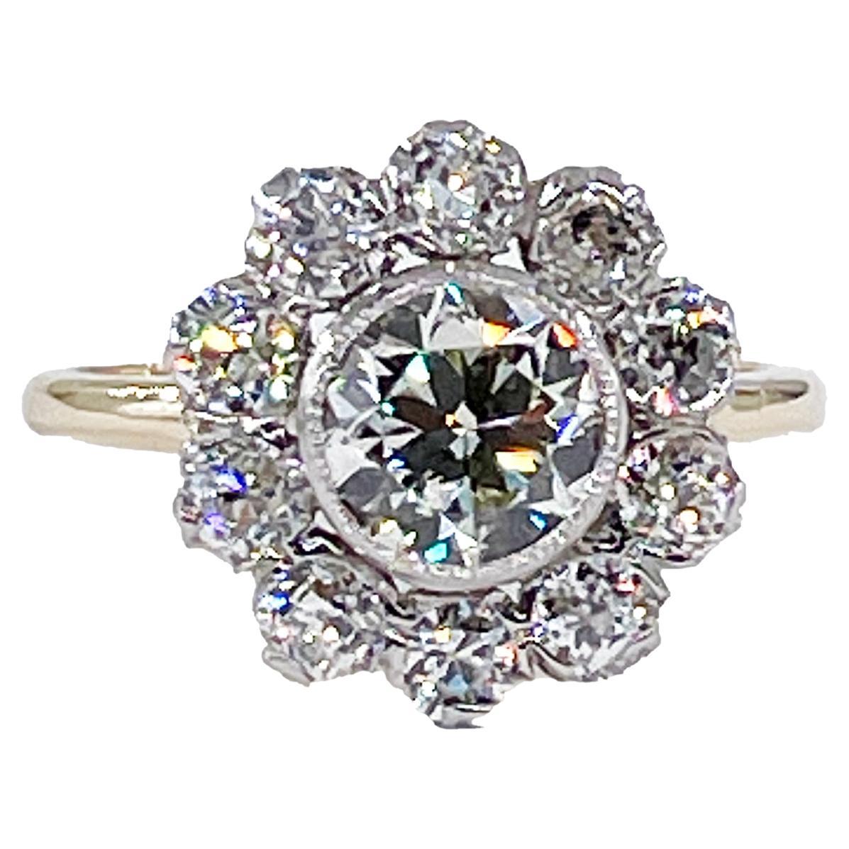 1900er Jahre GIA 2,58 ctw Antiker edwardianischer Diamant-Cluster 18kyg Pl Ring mit altem Eurodiamant