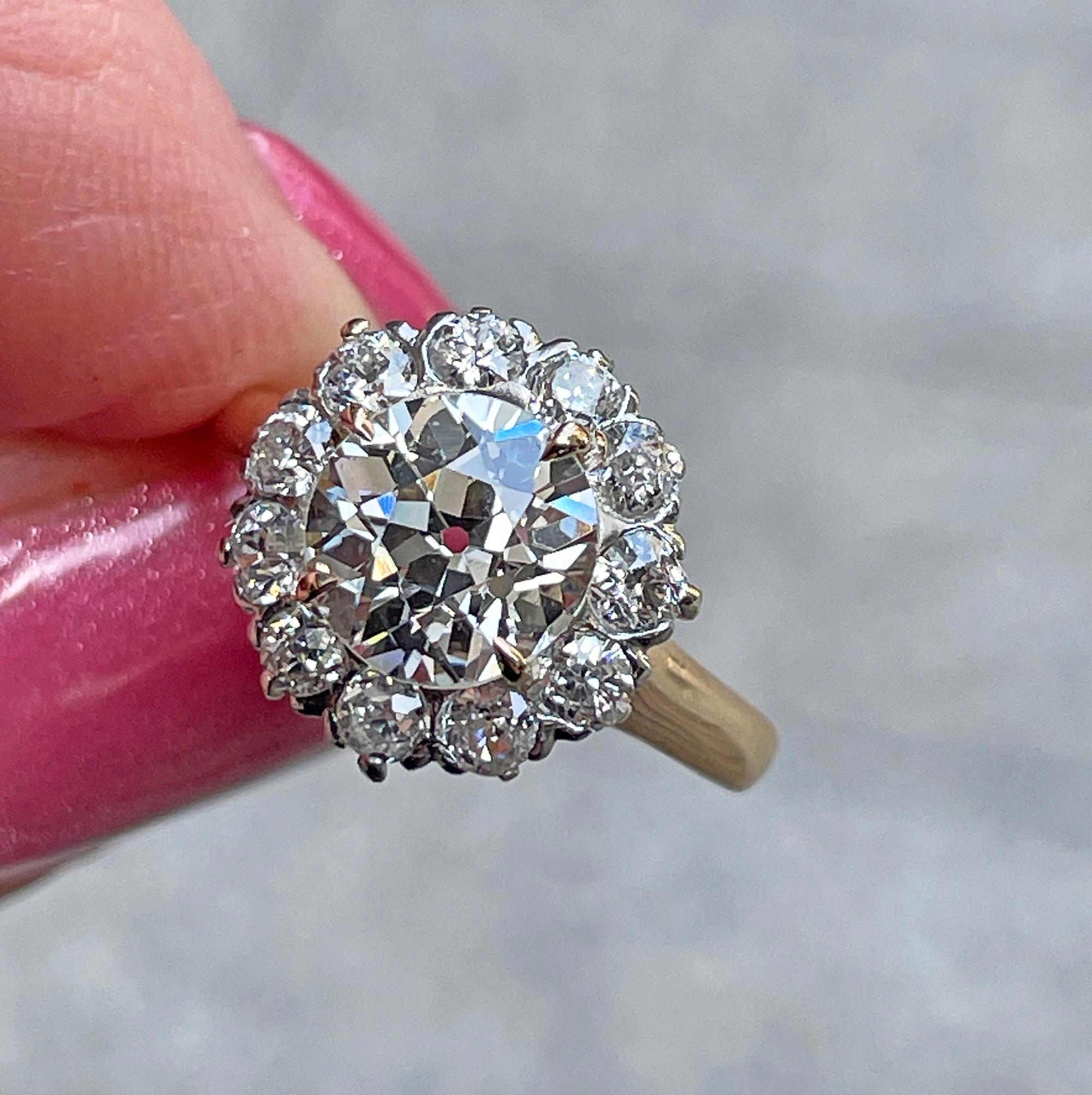 1900s GIA 2.87ctw Antique Edwardian OLD EUROPEAN Diamond Cluster 14KYG Pl Ring   For Sale 6