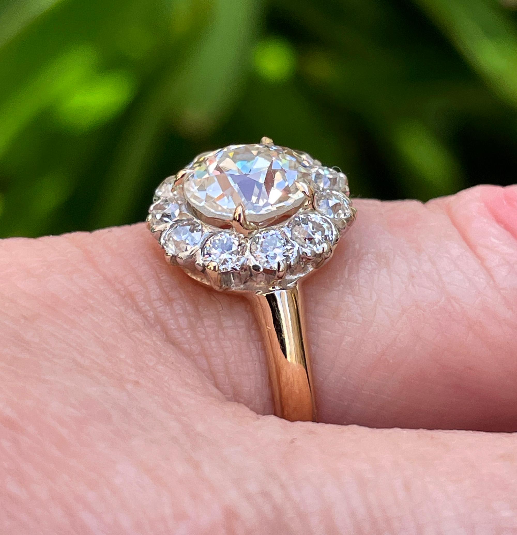 1900s GIA 2.87ctw Antique Edwardian OLD EUROPEAN Diamond Cluster 14KYG Pl Ring   For Sale 9