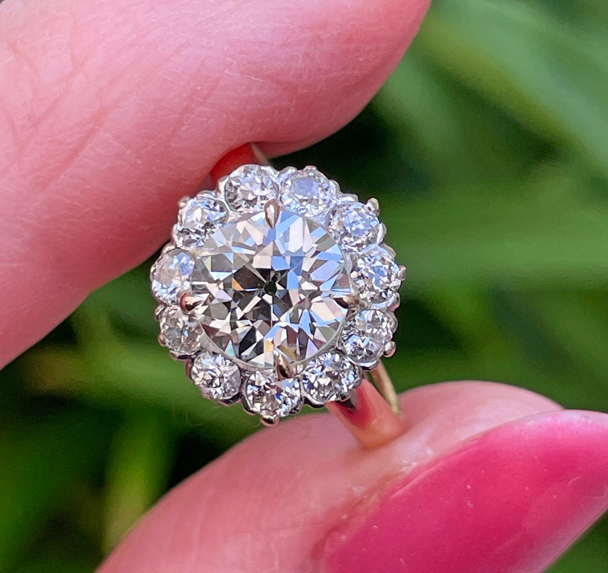 1900s GIA 2.87ctw Antique Edwardian OLD EUROPEAN Diamond Cluster 14KYG Pl Ring   For Sale 11