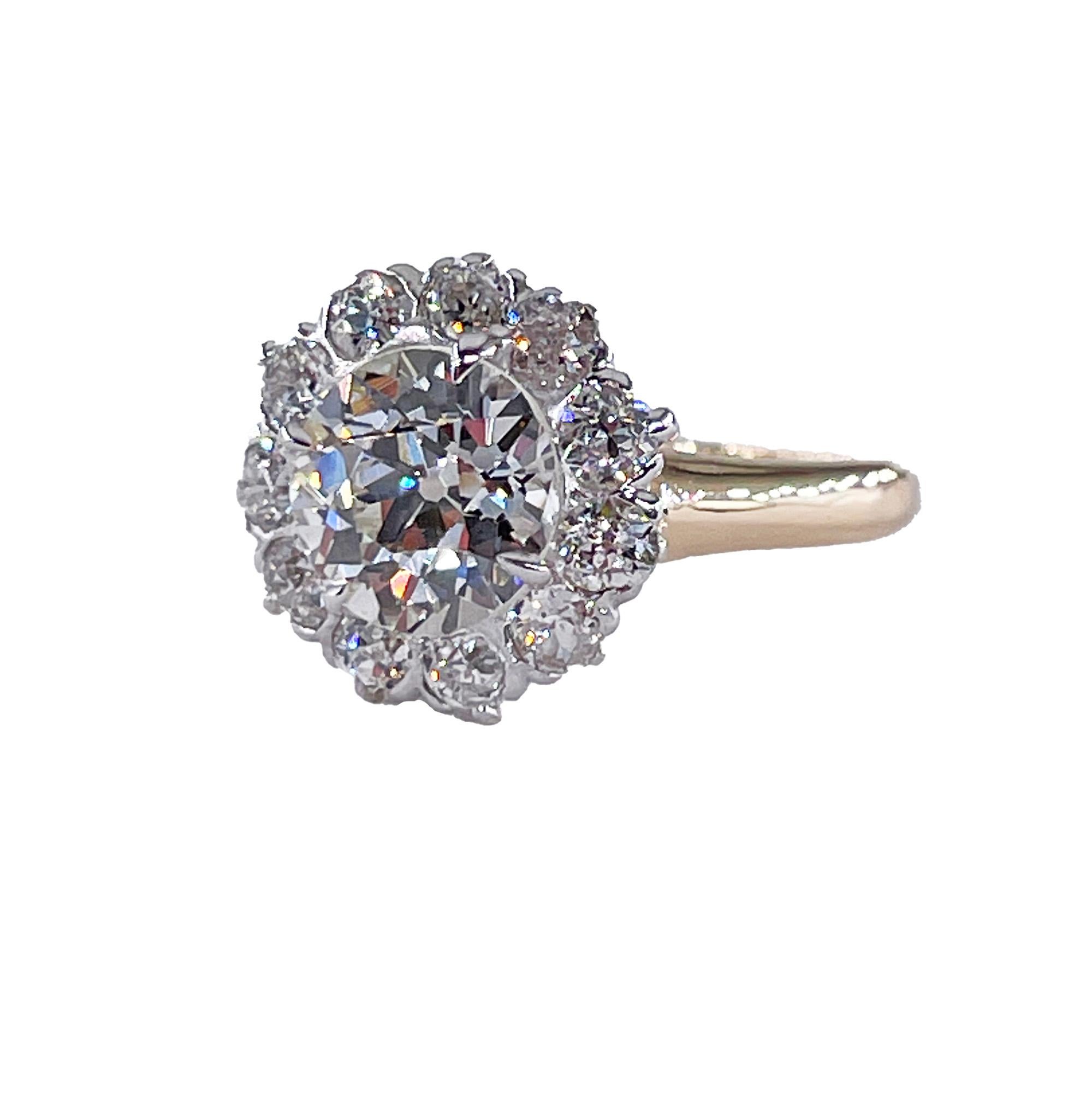 Women's 1900s GIA 2.87ctw Antique Edwardian OLD EUROPEAN Diamond Cluster 14KYG Pl Ring   For Sale