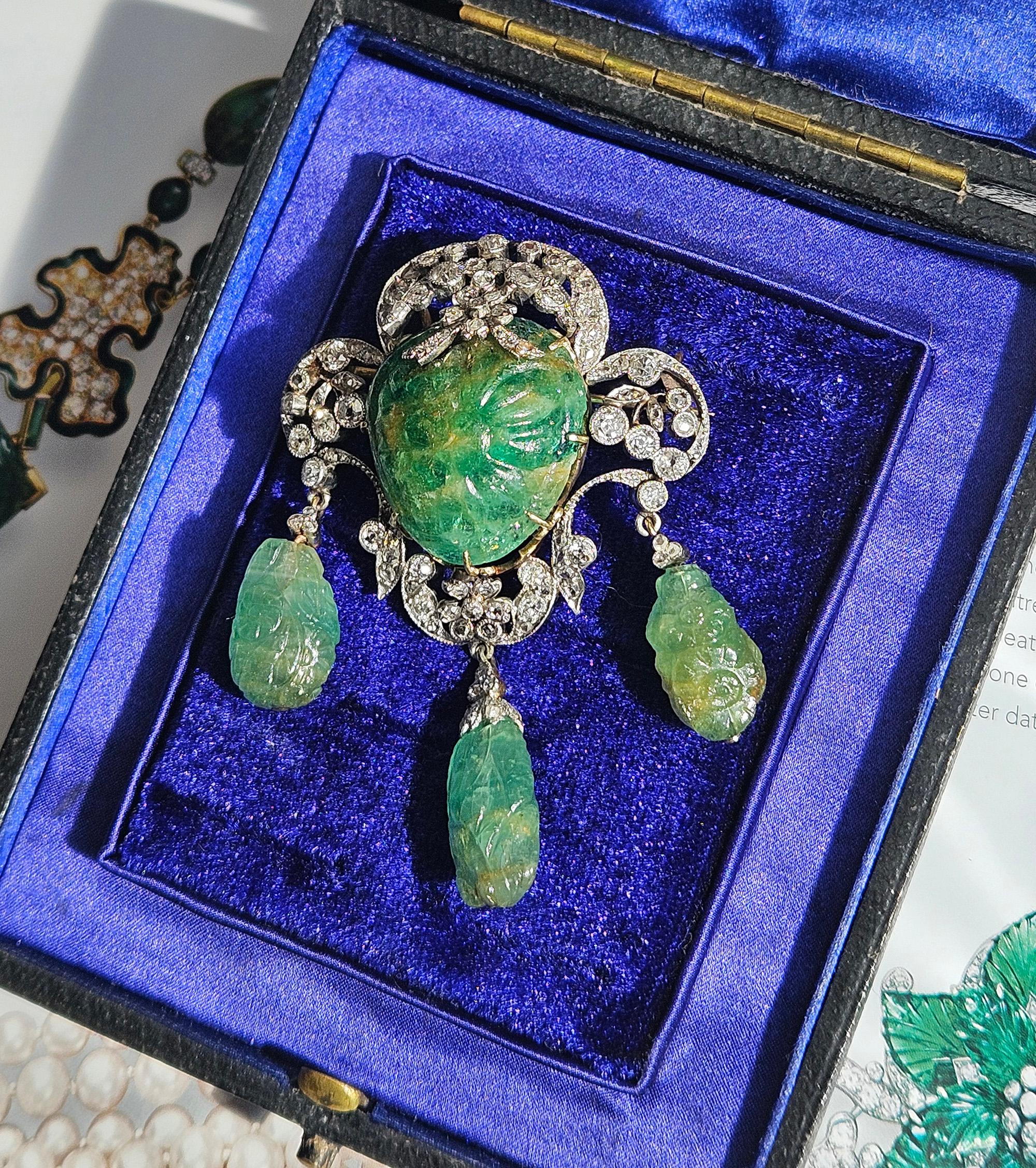 1900er GIA Mughal geschnitzt EMERALD Alte Mine Rose Cut Diamant  Pt 14K Anhänger Brosche im Angebot 4