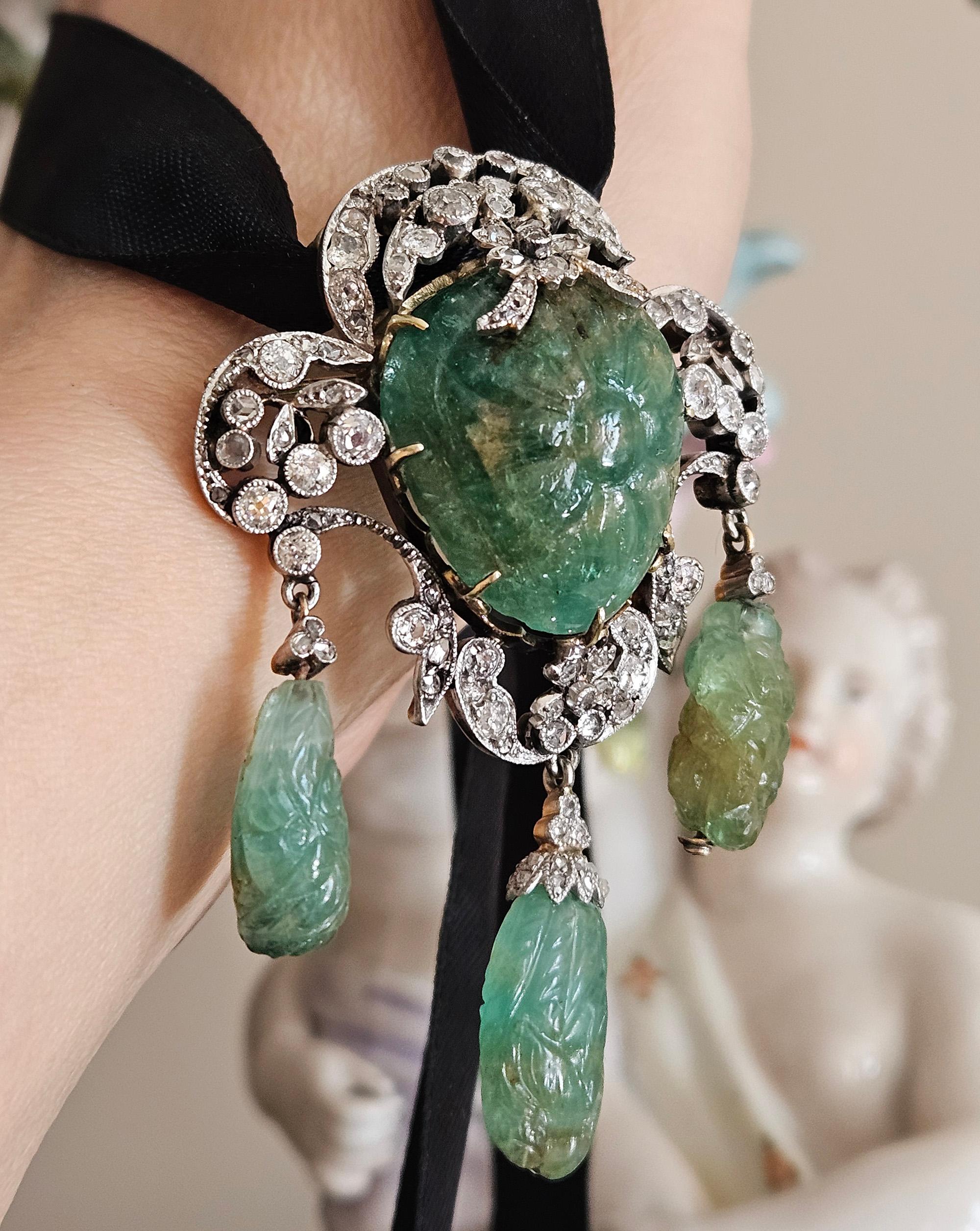 1900er GIA Mughal geschnitzt EMERALD Alte Mine Rose Cut Diamant  Pt 14K Anhänger Brosche im Angebot 5