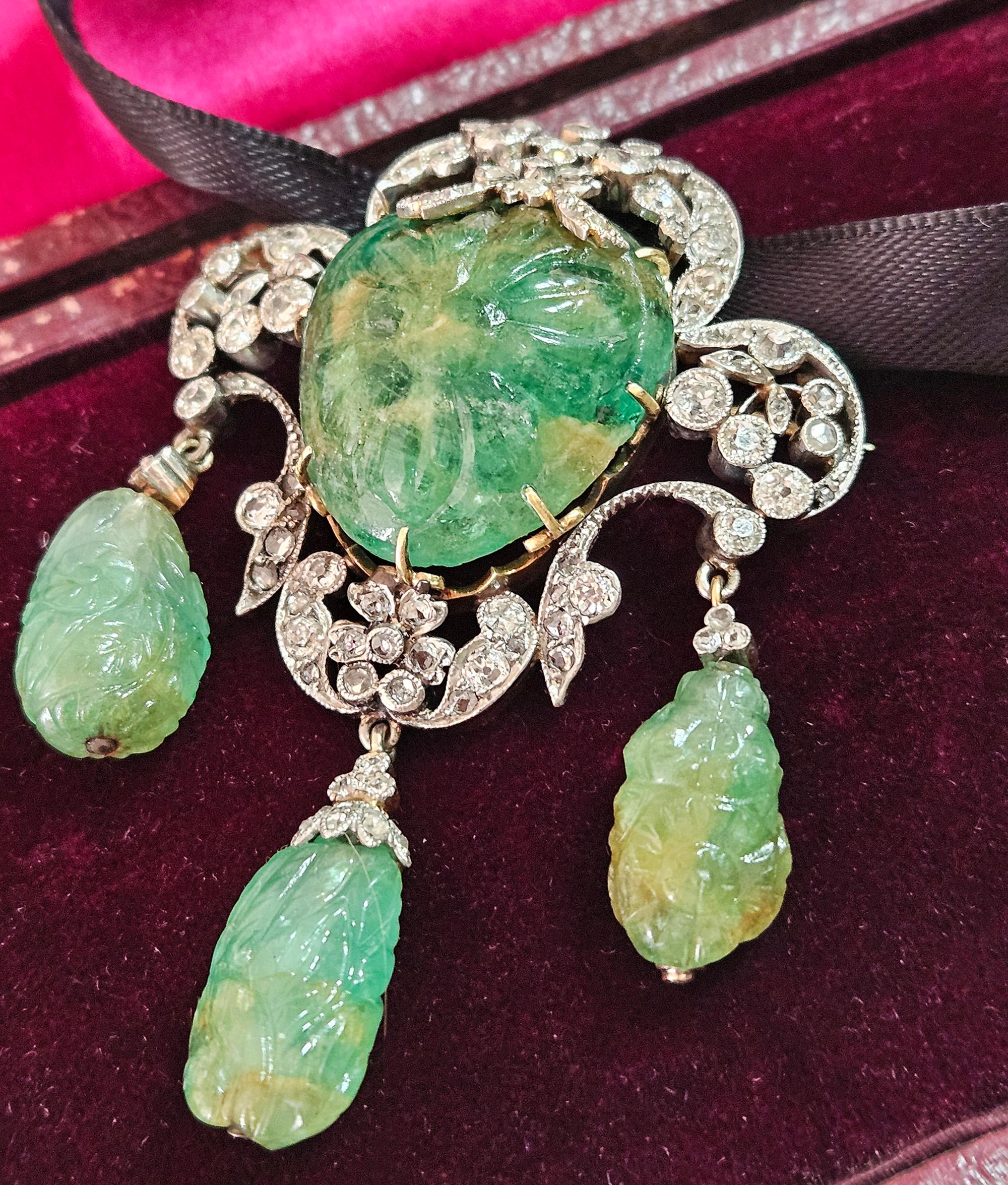 1900er GIA Mughal geschnitzt EMERALD Alte Mine Rose Cut Diamant  Pt 14K Anhänger Brosche im Angebot 7