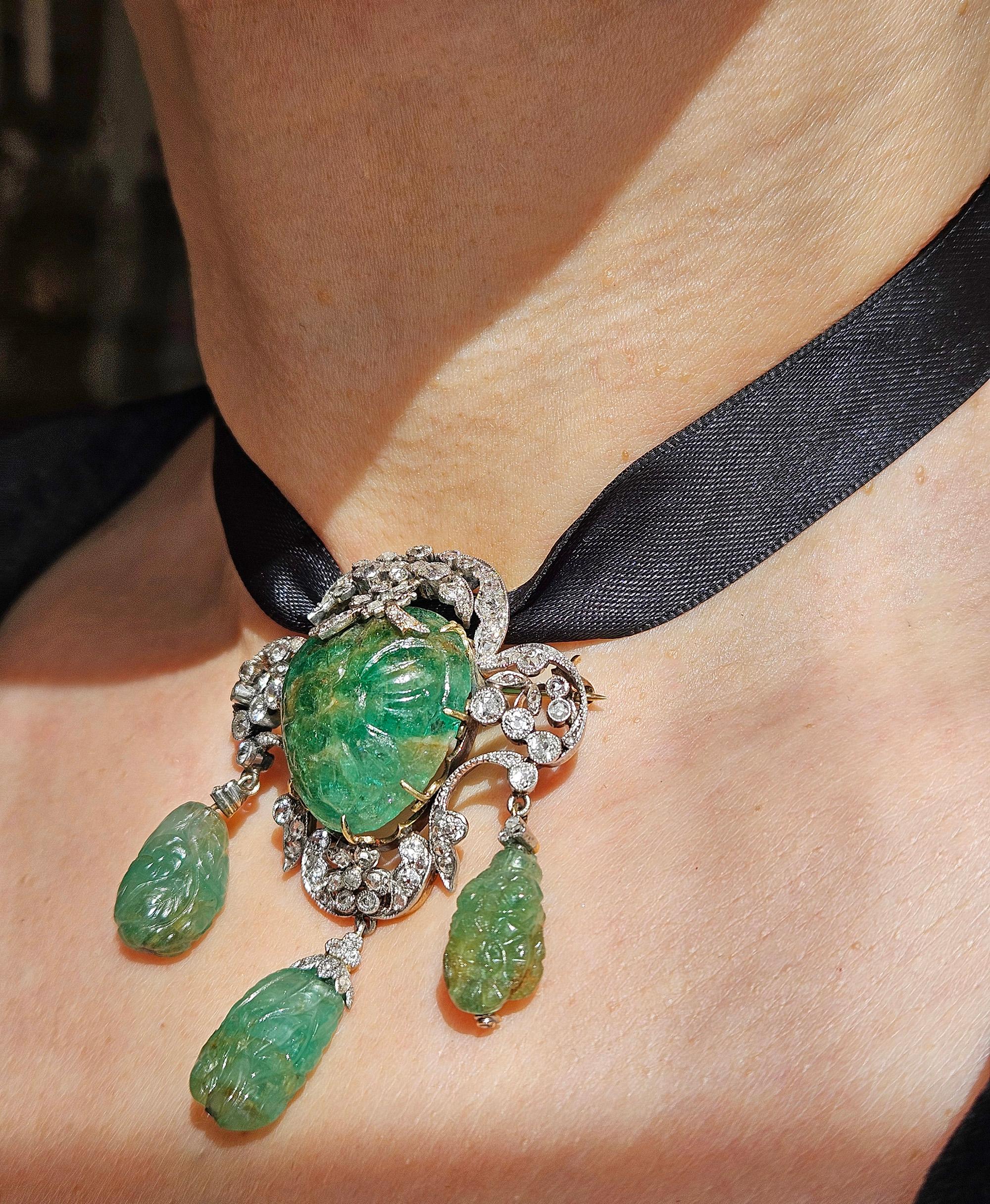 1900er GIA Mughal geschnitzt EMERALD Alte Mine Rose Cut Diamant  Pt 14K Anhänger Brosche im Angebot 8