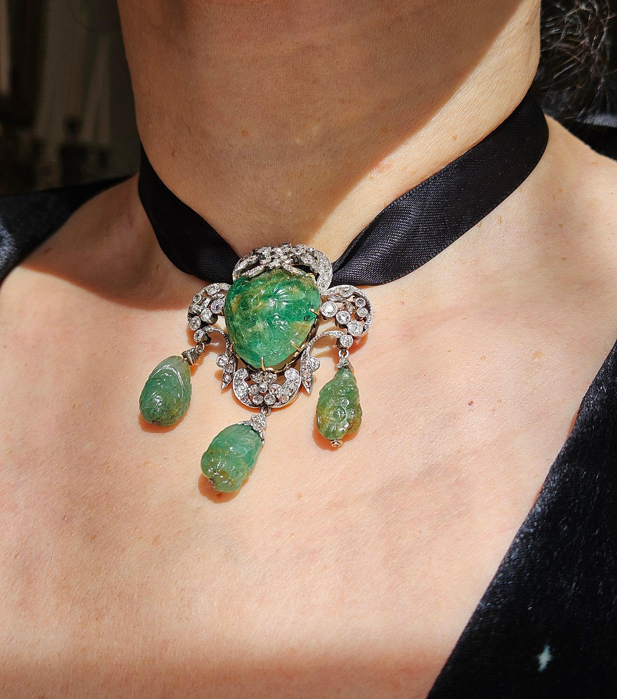 1900er GIA Mughal geschnitzt EMERALD Alte Mine Rose Cut Diamant  Pt 14K Anhänger Brosche im Angebot 9