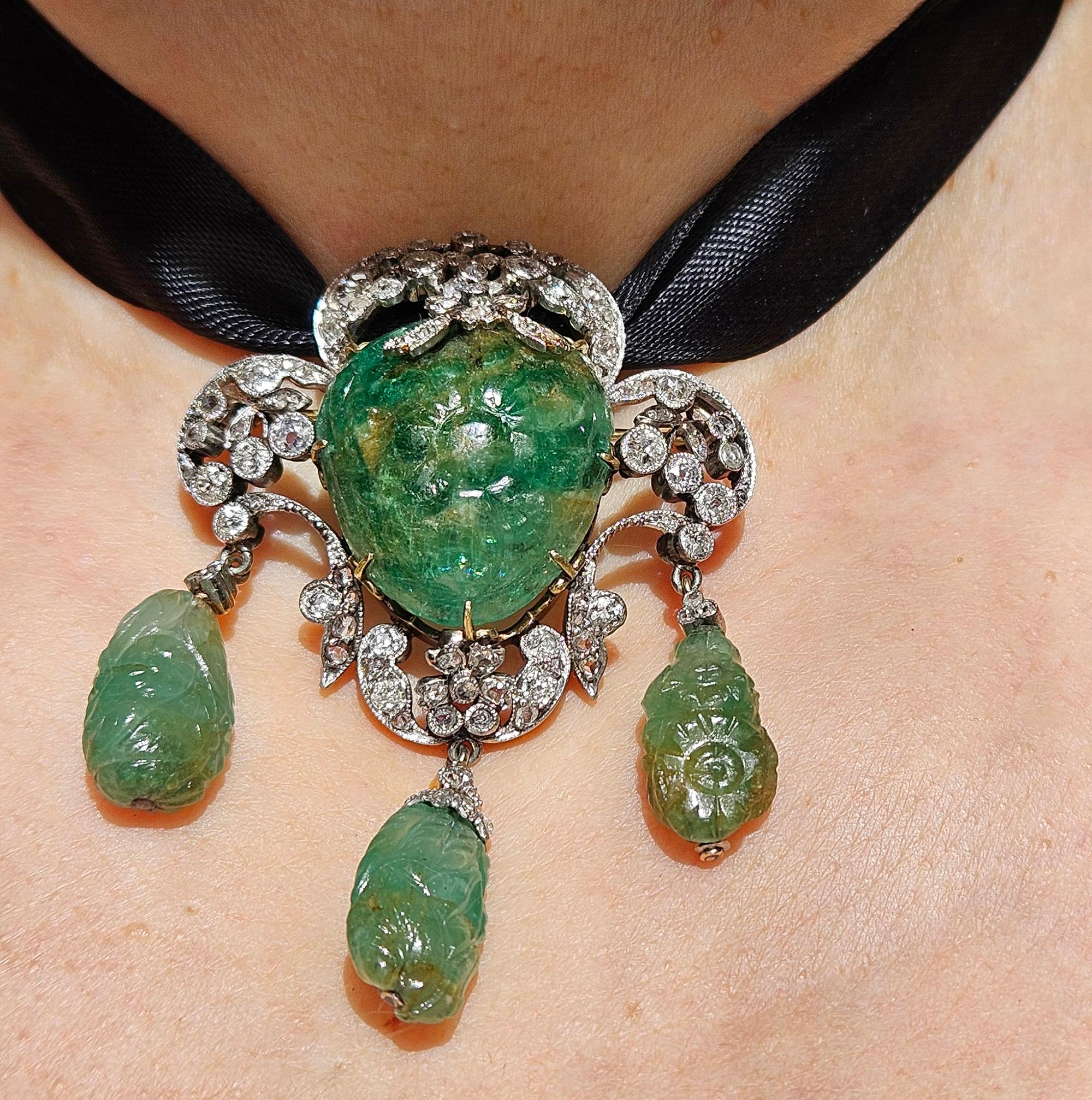 1900er GIA Mughal geschnitzt EMERALD Alte Mine Rose Cut Diamant  Pt 14K Anhänger Brosche im Angebot 10