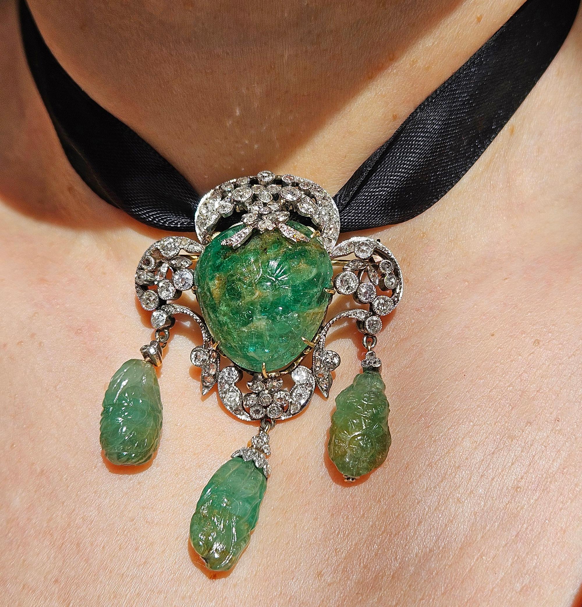 1900er GIA Mughal geschnitzt EMERALD Alte Mine Rose Cut Diamant  Pt 14K Anhänger Brosche im Angebot 11