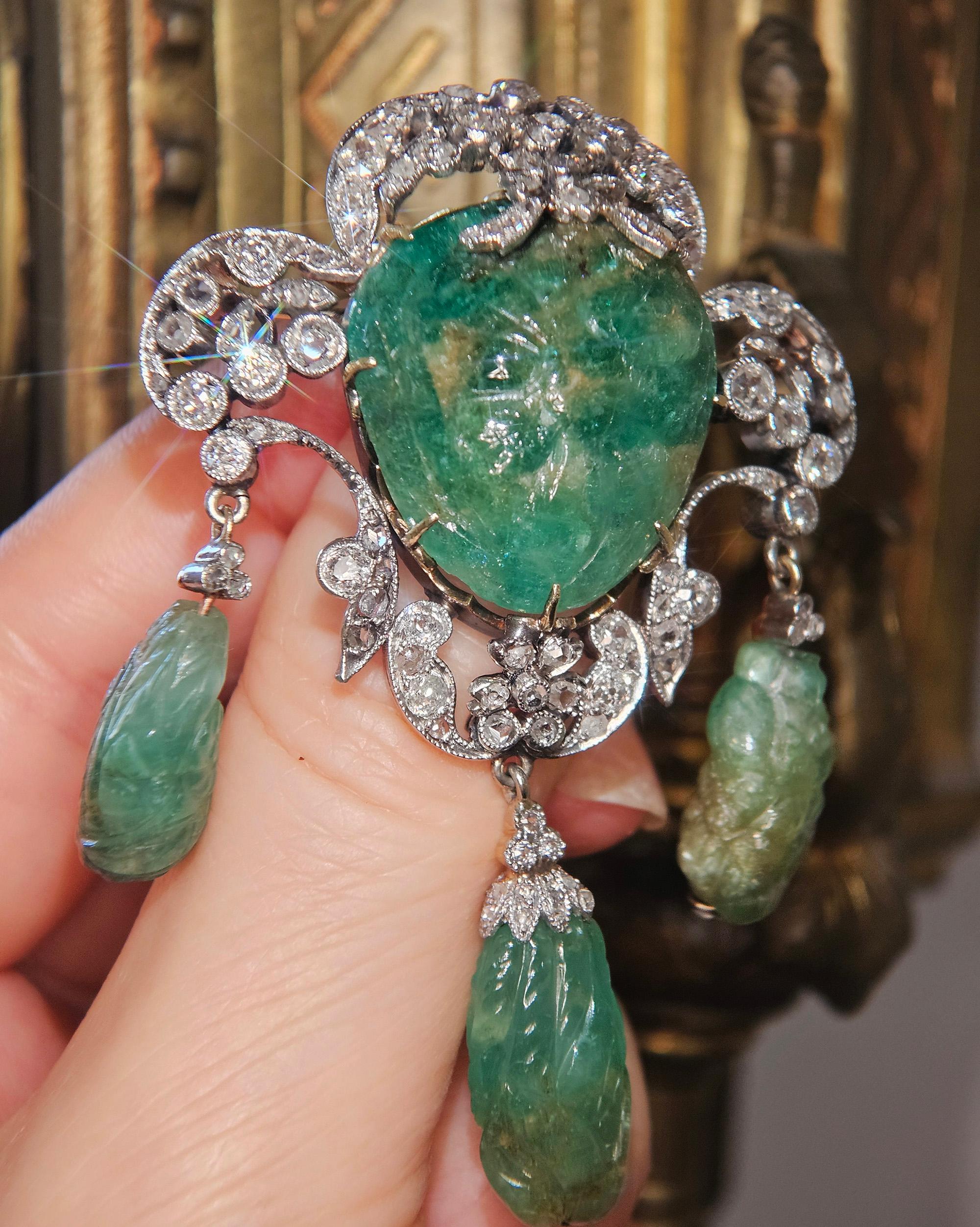 1900er GIA Mughal geschnitzt EMERALD Alte Mine Rose Cut Diamant  Pt 14K Anhänger Brosche im Angebot 12