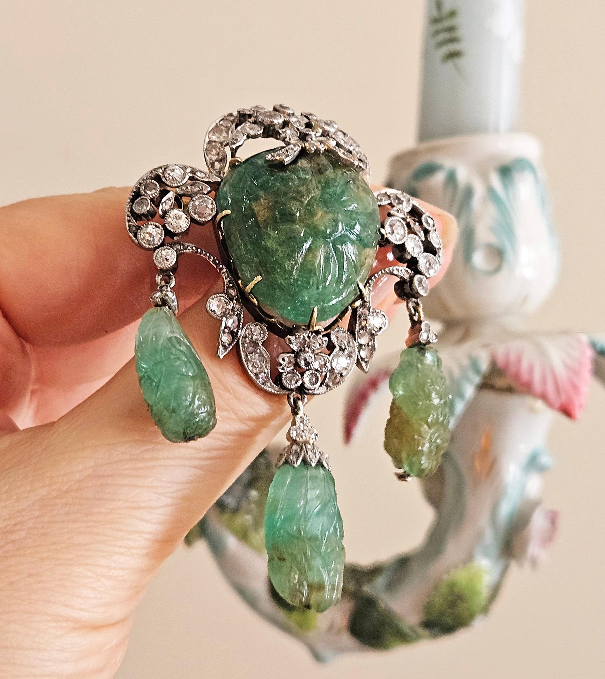 1900er GIA Mughal geschnitzt EMERALD Alte Mine Rose Cut Diamant  Pt 14K Anhänger Brosche im Angebot 13