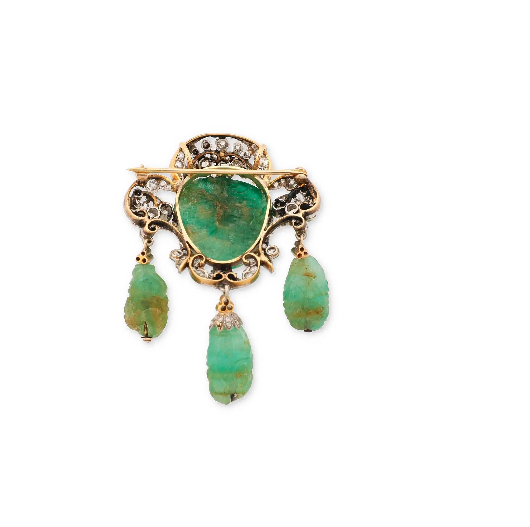 1900er GIA Mughal geschnitzt EMERALD Alte Mine Rose Cut Diamant  Pt 14K Anhänger Brosche (Edwardian) im Angebot