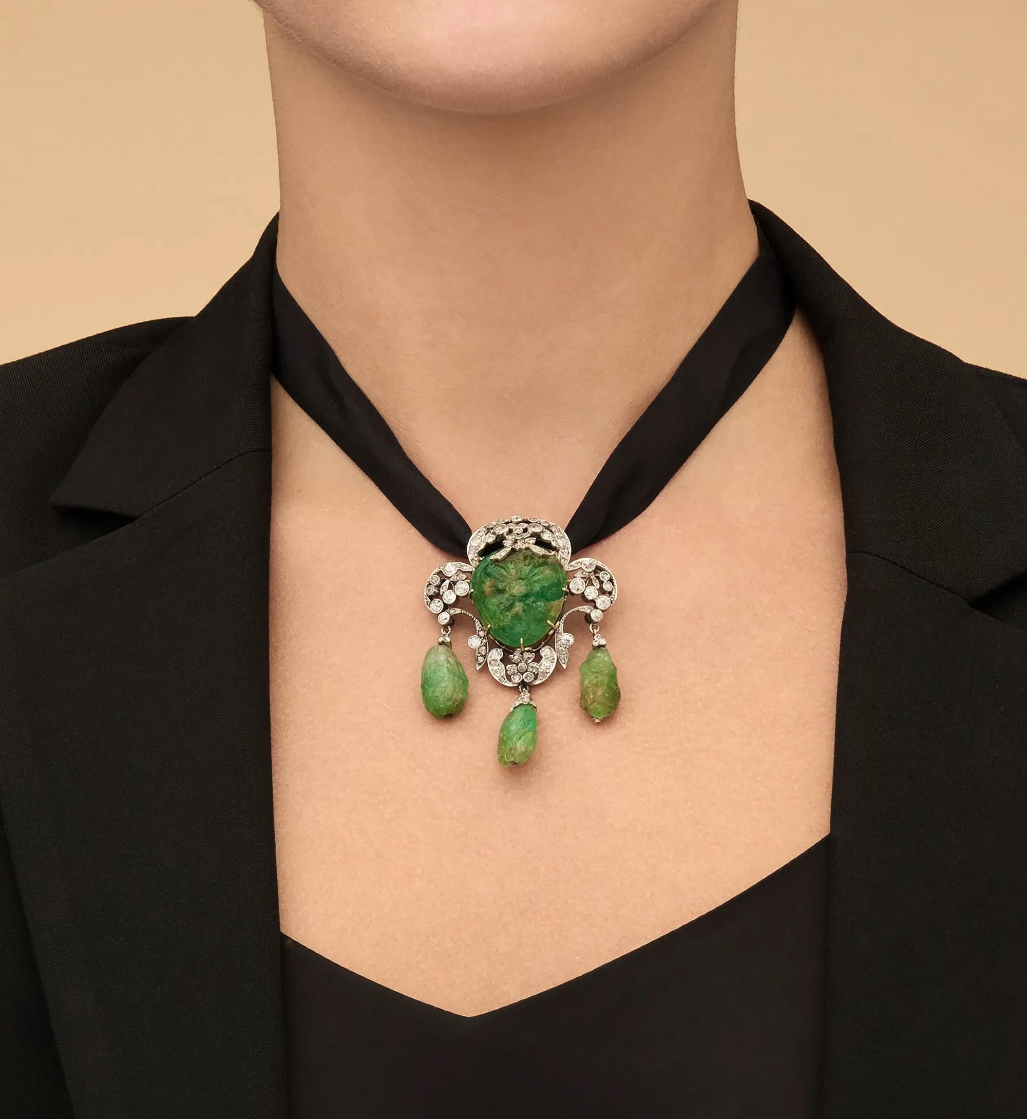 1900er GIA Mughal geschnitzt EMERALD Alte Mine Rose Cut Diamant  Pt 14K Anhänger Brosche (Alteuropäischer Brillantschliff) im Angebot