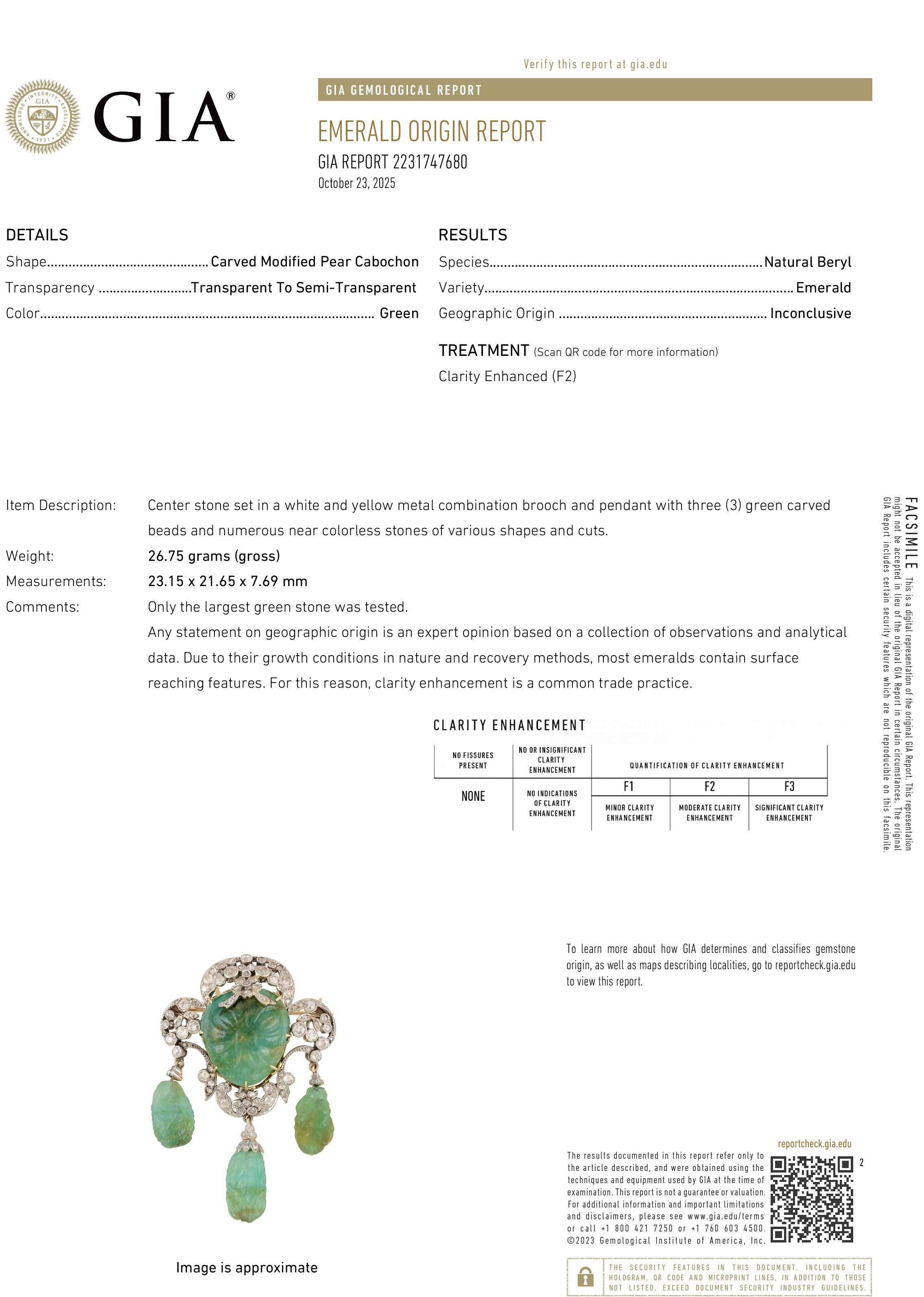 1900er GIA Mughal geschnitzt EMERALD Alte Mine Rose Cut Diamant  Pt 14K Anhänger Brosche im Zustand „Gut“ im Angebot in New York, NY
