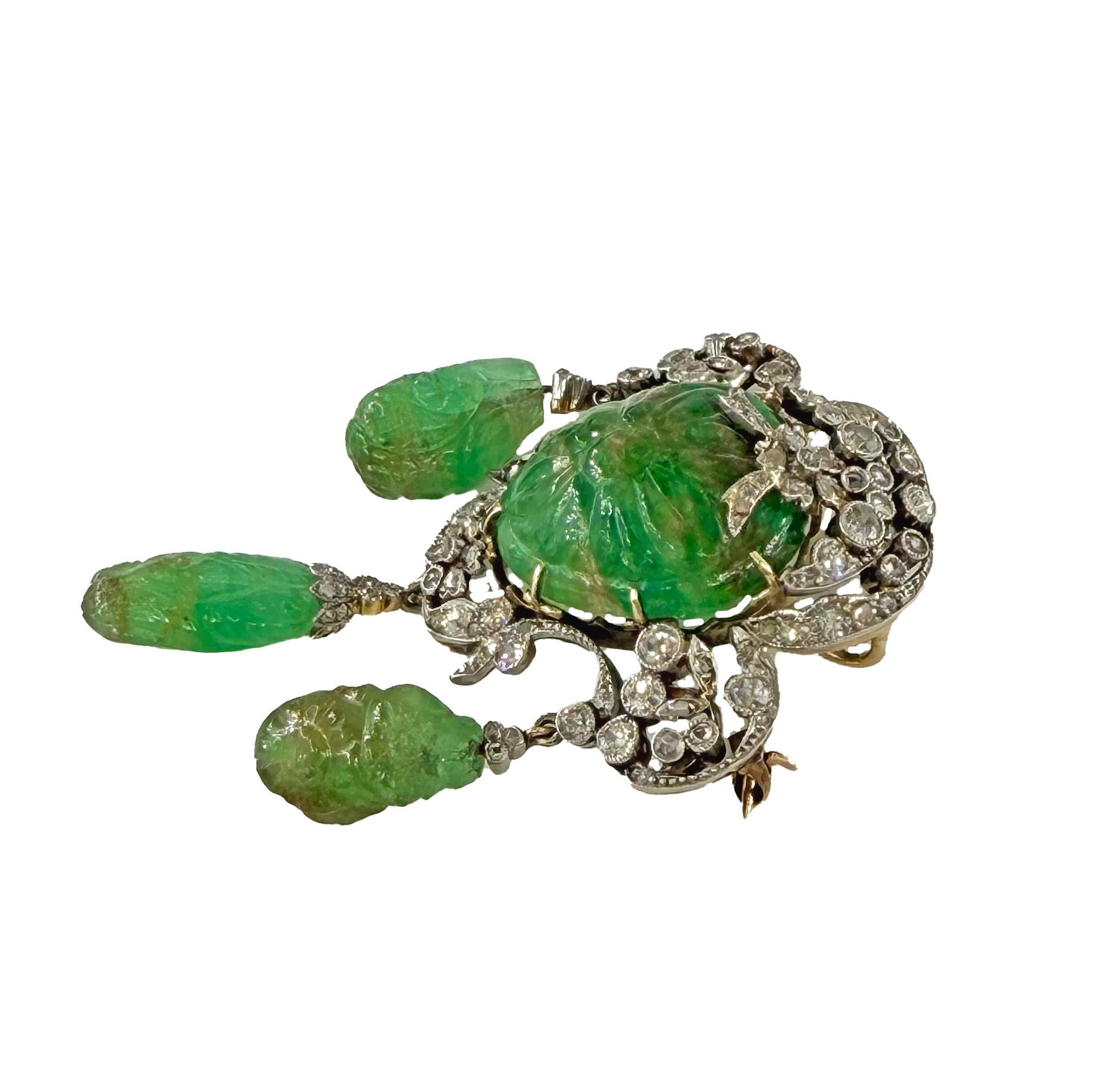 1900er GIA Mughal geschnitzt EMERALD Alte Mine Rose Cut Diamant  Pt 14K Anhänger Brosche Damen im Angebot