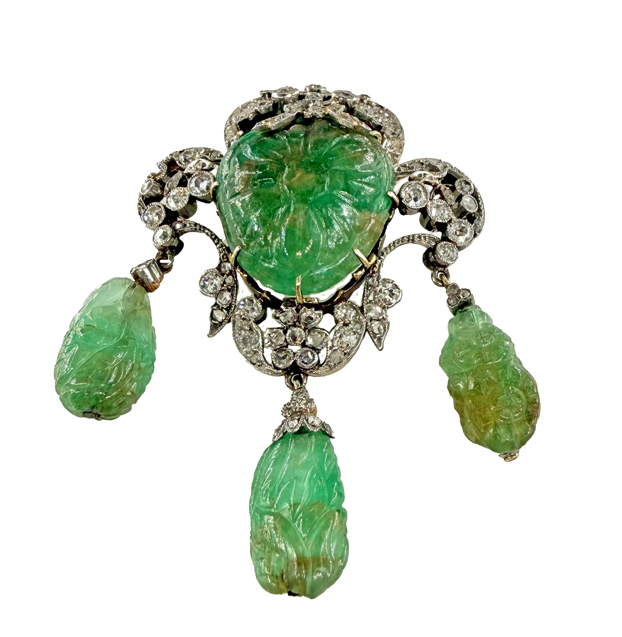 1900er GIA Mughal geschnitzt EMERALD Alte Mine Rose Cut Diamant  Pt 14K Anhänger Brosche im Angebot 1